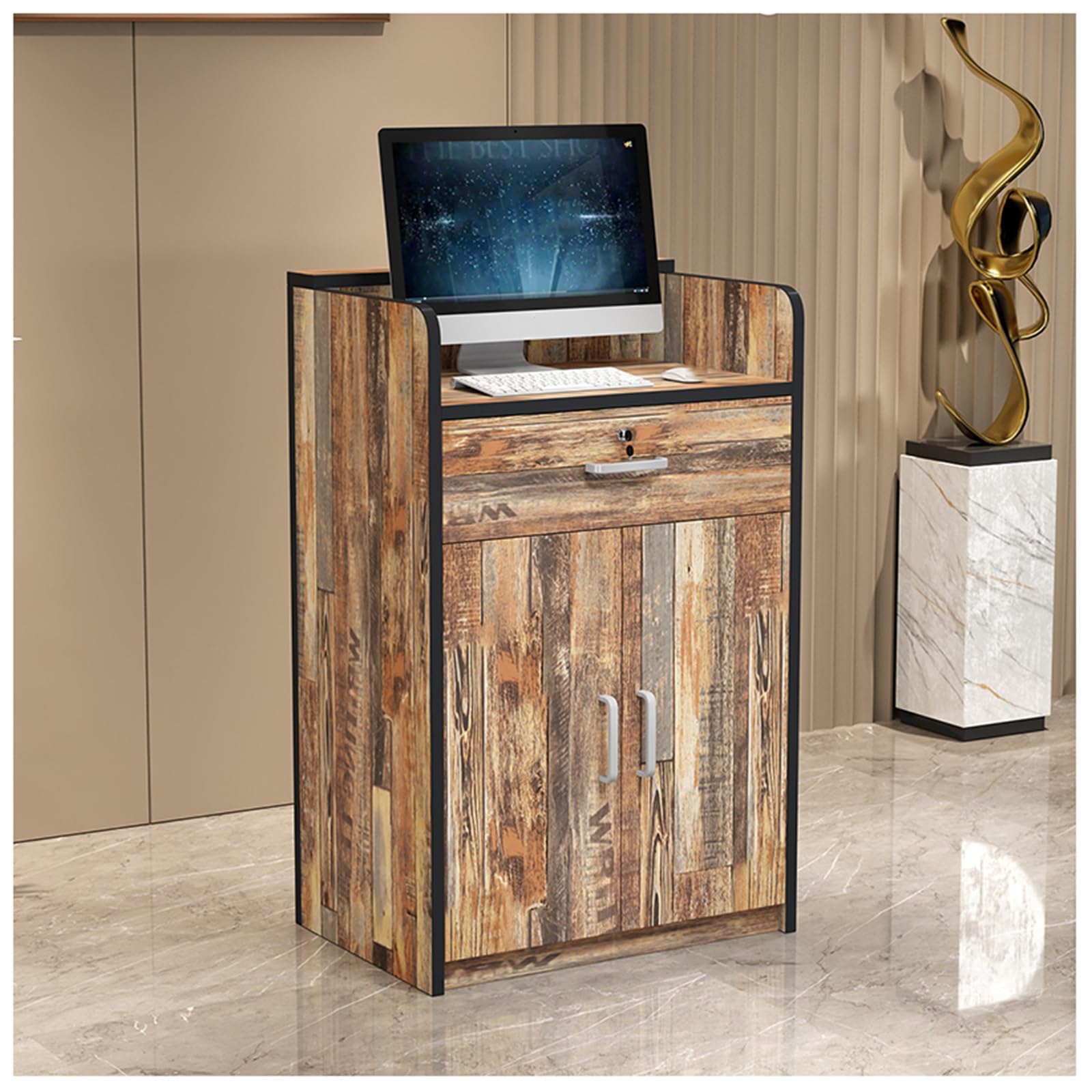 TwoLevelDesk per parrucchiere con cassetti chiudibili con maniglie in alluminio e doppie ante Elegante postazione di lavoro per parrucchieri (N 60 x 40 x 90 cm)