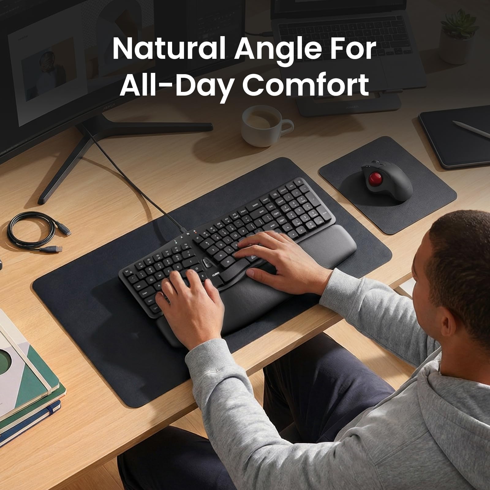 Nulea Ergonomic Split Keyboard, Wired Natural Typing Keyboard with Integrated Palm Rest for Wrist Pain Relief, 2-in-1 Type C&Type A Plug for Mac,Windows,Office & Home,Black — view 2