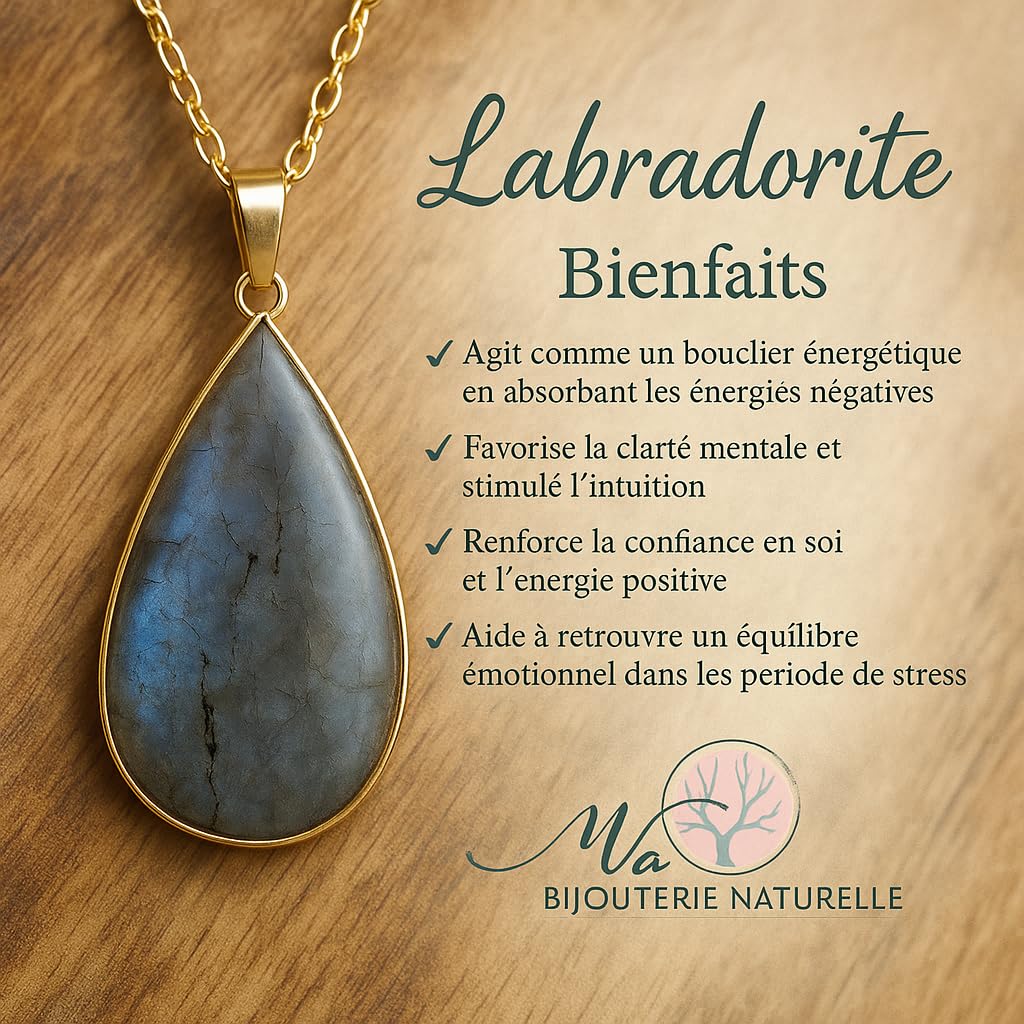 Pendentif Labradorite Naturelle Qualité AAA avec Chaîne Dorée en Acier Inoxydable – Pierre Naturelle Véritable – Pierre de Protection et d'Intuition - Bijou Femme – Création Artisanale Française
