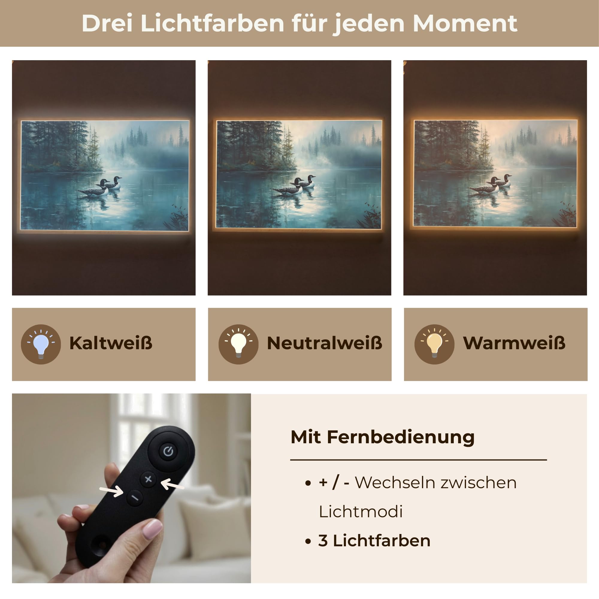 Moderne LED Wandleuchte Innen 90x60 cm Aufladbar Wandbeleuchtung Schlafzimmer Nachtlampe Flach Fernbedienung Warmes Still Licht Dimmbare Lampe Wald - Wasser - Enten - Neblig