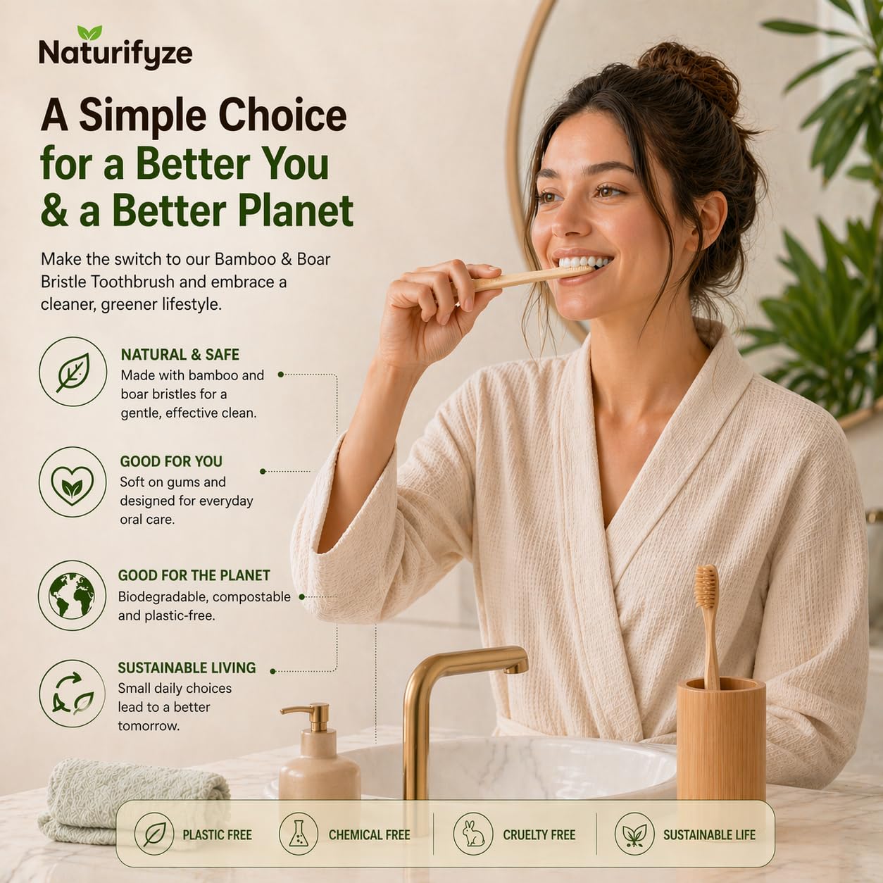 Cepillo de dientes de cerdas de jabalí y bambú (paquete de 4) - Cerdas auténticas de jabalí - Biodegradable - Sin plástico - Cerdas de bambú y jabalí