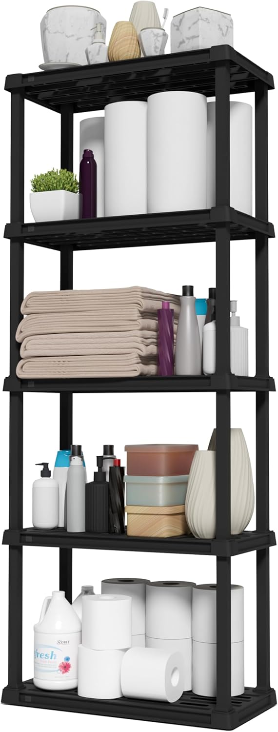 IRIS USA 5-Shelf Light Duty Plastic Storage Shelves, 250lb Capacity, 64" H x 24" W x 12" D, Medium Modular Shelving Unit Storage Organizer for Bathroom, Laundry, Garage & Home, Storage Rack - Black 5-Tier