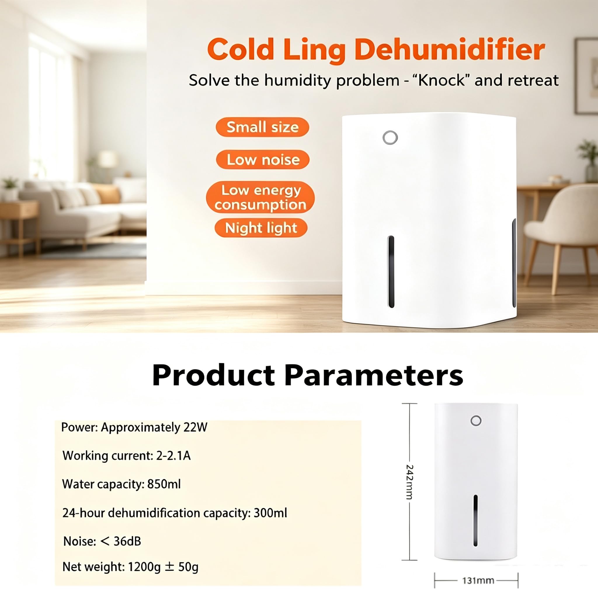 Mini deumidificatore da 850 ml, 22 W a basso consumo energetico, semiconduttore quotidiano, luce notturna integrata, spegnimento automatico, < 36 dB silenzioso, ideale per camera da letto e guardaroba