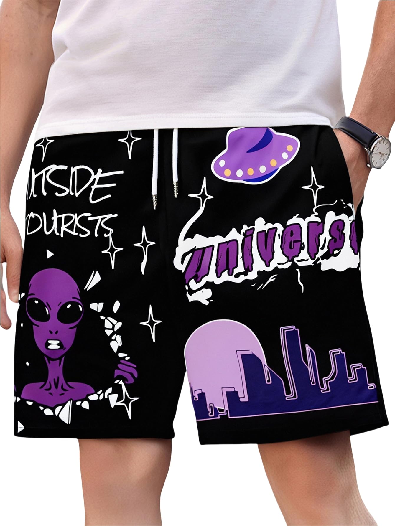 WDIRARAMen's Graphic Print Colorblock Drawstring Waist Active Pocket Shorts