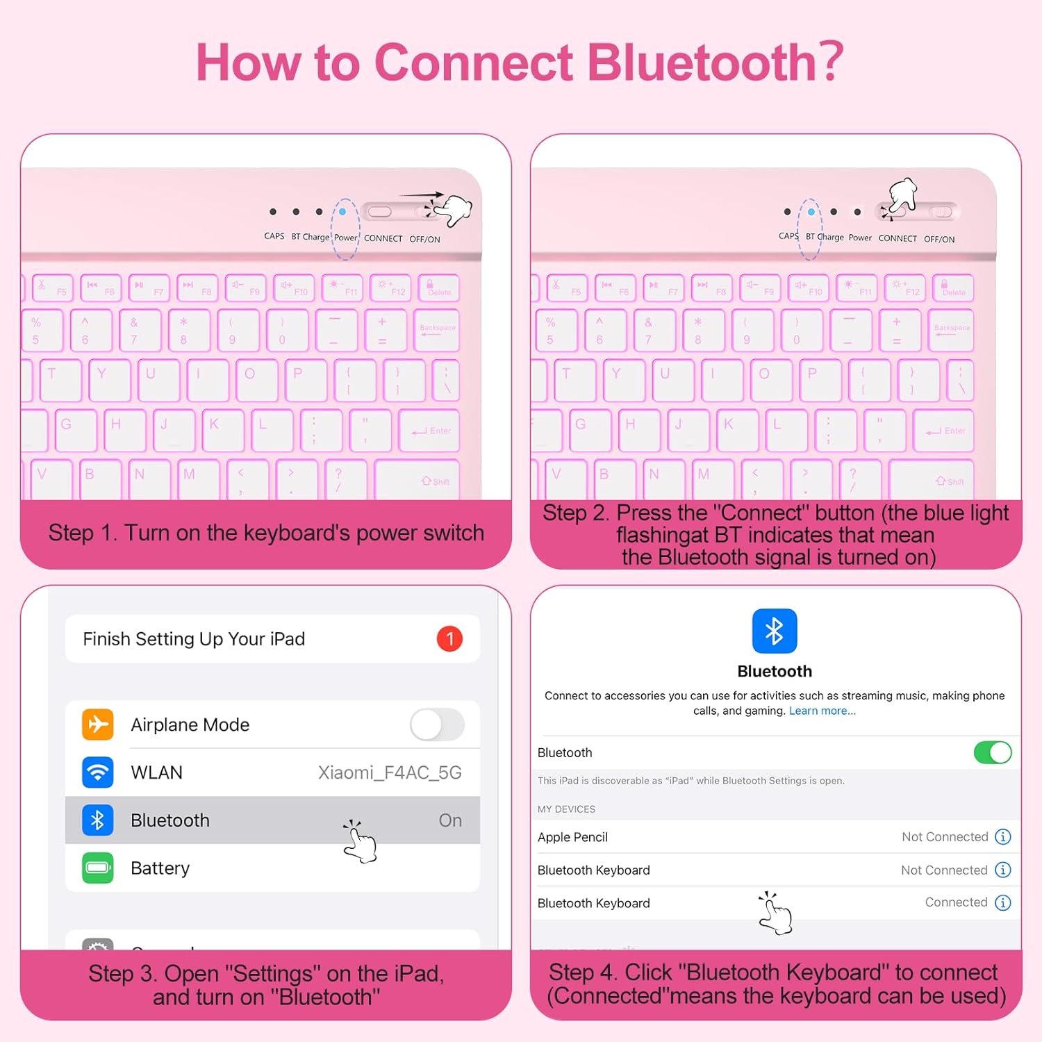 aMZCaSE for iPad A16 11th 10th Generation Case with Keyboard - 7 Colors Backlight Detachable Folio Keyboard Case for iPad (A16) 11th Gen 2025 & 10th Gen 10.9 inch 2022, Smart Wake/Up, Light Pink - Image 6