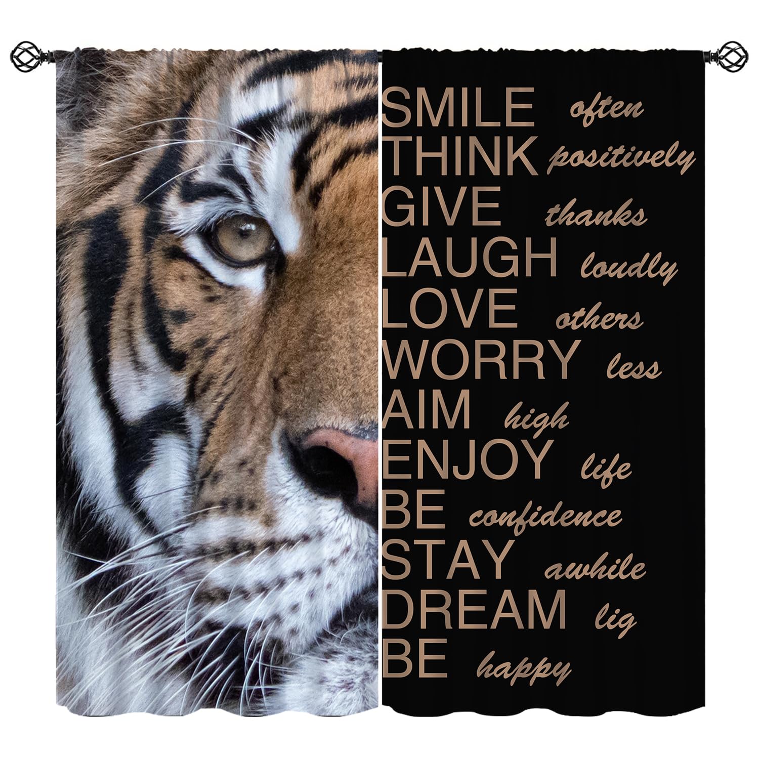KANEPE Tiger Curtains, Inspirational Quotes Tigers Head Men Window Treatments, Rod Pocket Thermal Insulated Drapes 2 Panel Sets for Boys Bedroom Living Room Kitchen, 42