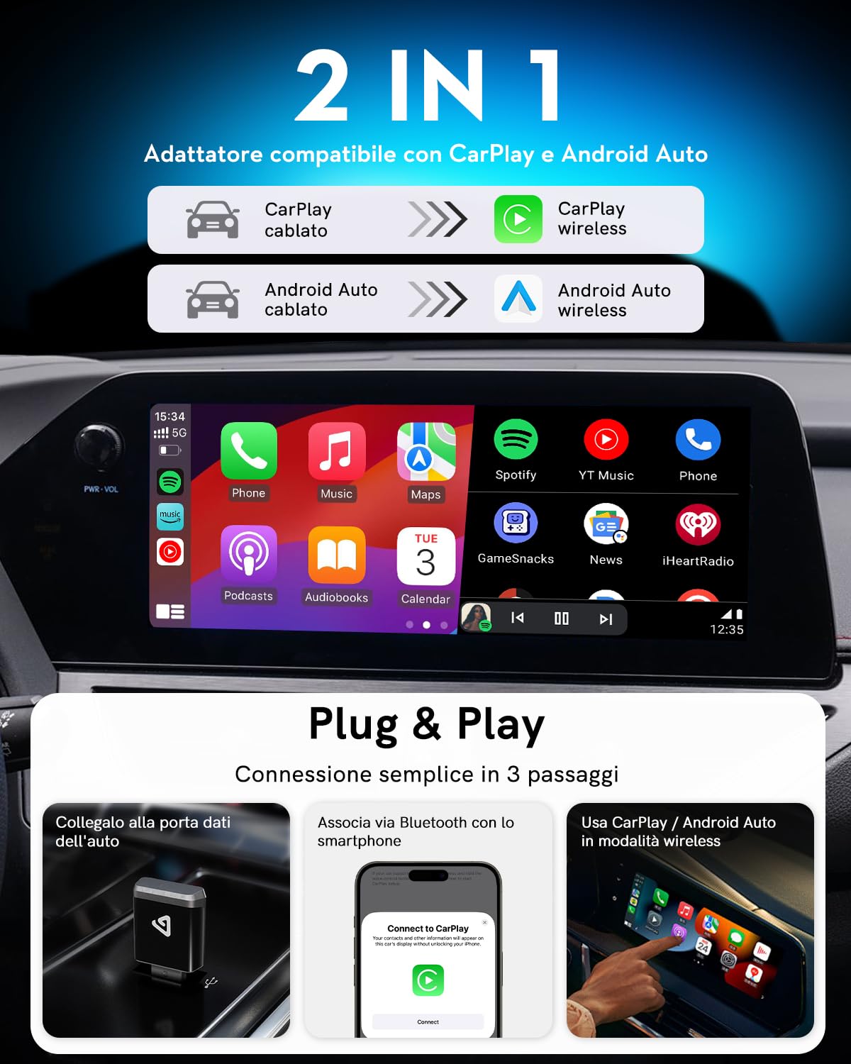 Adattatore Wireless 2 in 1 per Android Auto e CarPlay – Trasforma CarPlay cablato in wireless, con adattatore USB-C, WiFi 5.8GHz, facile da usare, mini e stabile, compatibile con iOS 10+ e Android 11+