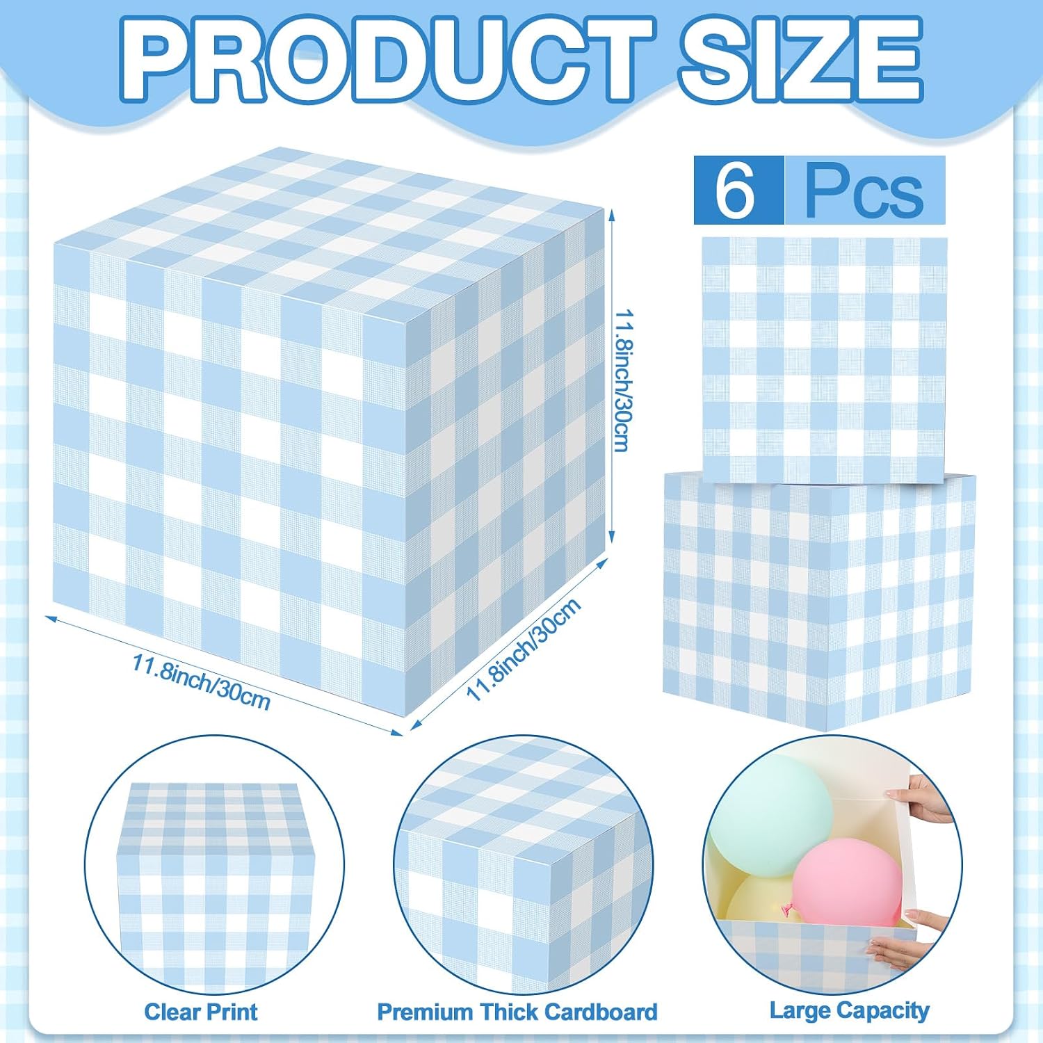 Colarr 6 Pcs Blue Gingham Party Decoration Boxes 12 Inch Plaid Boxes for Centerpieces, Baby Shower, Gender Reveal, Birthday, Wedding & Picnic Party Backdrop Photo Booth Props