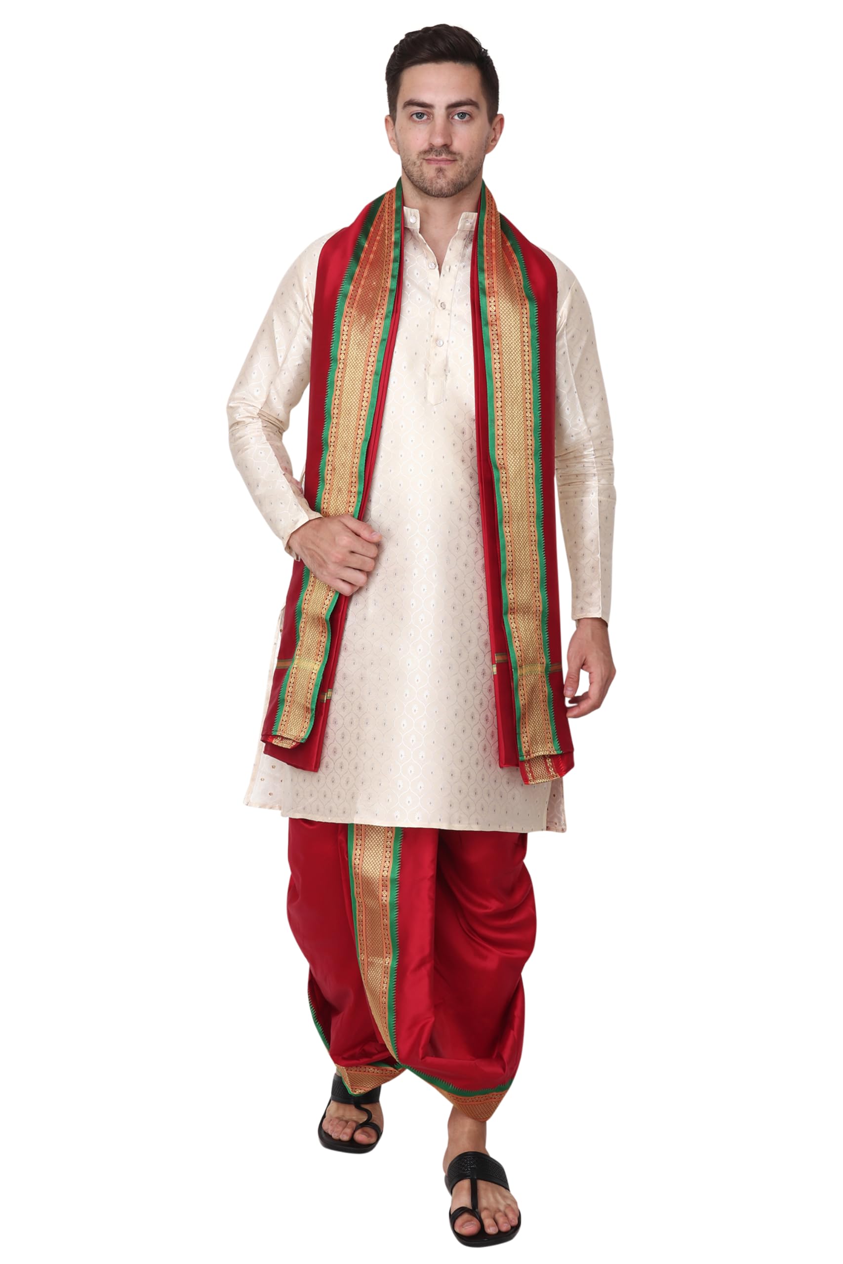Rameshwaram Fabrics Readymade Dhoti for men with Sherwani Style Silk Kurta, Suitable for Marriage, Pooja, Festival (L-Large-40, Maroon) - Image 2 thumbnail