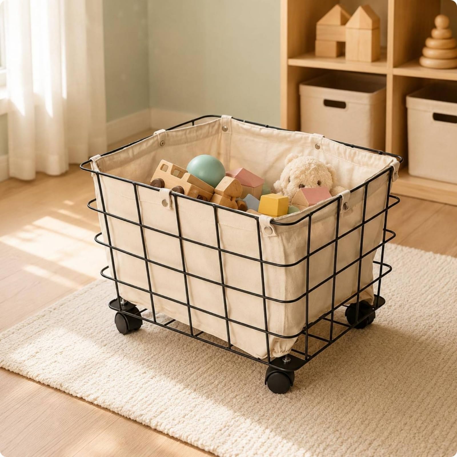 Cesto Porta Giochi Sfoderabile Cesto con Ruote Rettangolare Carrello Biancheria Pieghevole, Nero, Grande