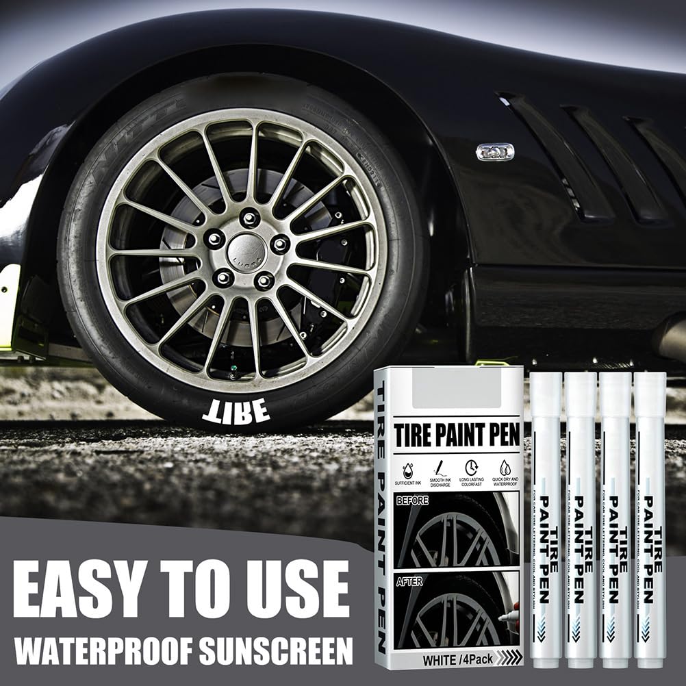 4er-Pack Weiße Reifenlackmarker, Schnell Trocknende, Lichtbeständige, Wasserfeste Tinte auf Ölbasis mit Innovativem Ventildesign für Auto-Gummireifenprofil-Detailarbeiten,
