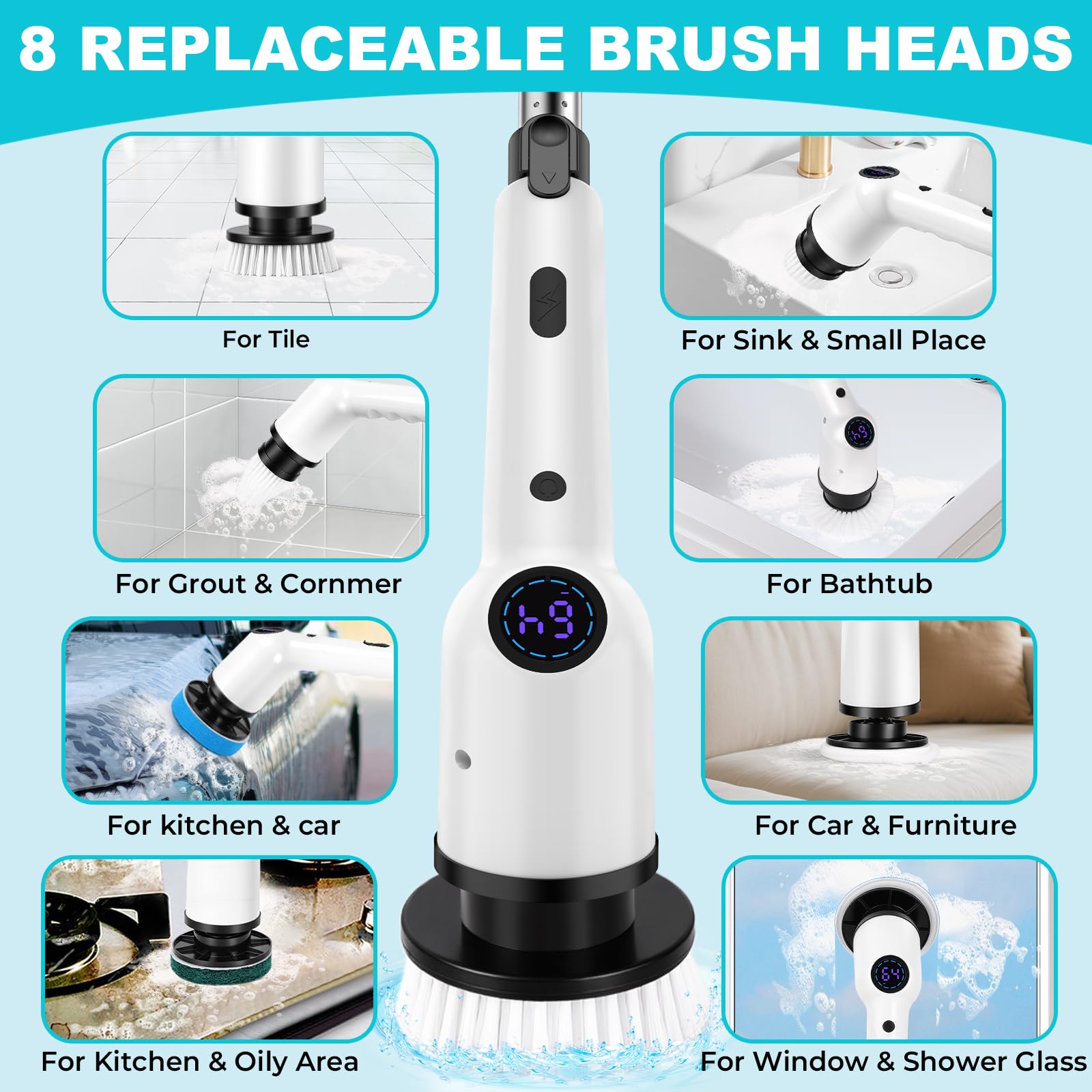 SHINER Brosse Nettoyage Electrique Rotative, Brosse Electrique Nettoyage avec 3 Vitesses, 8 Têtes, Batterie 3000mAh, Manche Extensible, étanche IPX7, Brosse Nettoyage Salle de Bain et Cuisine