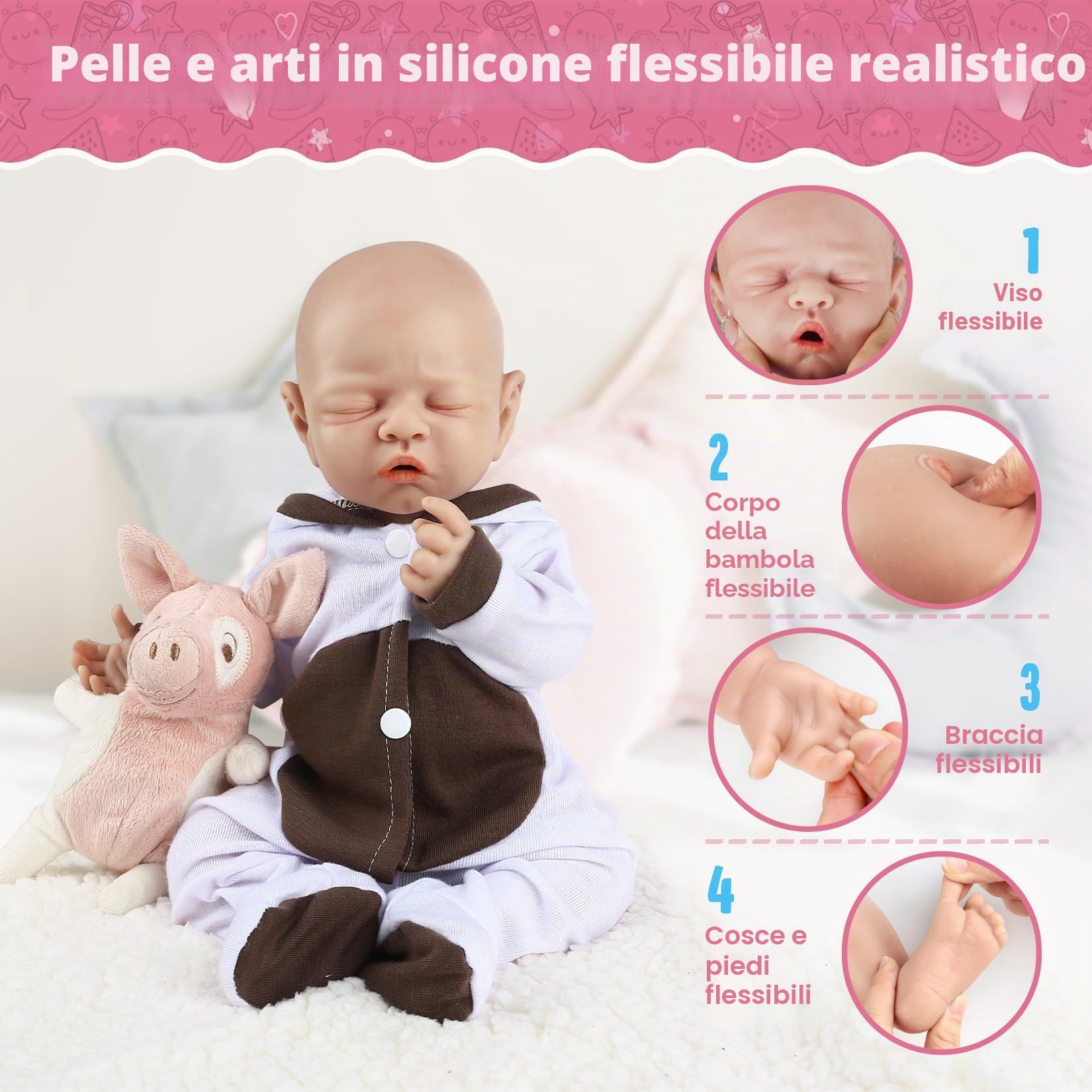 Vollence Bambola Neonata 31cm in Silicone, Bambino Neonato Sensazione Vera, Bambola Addormentata Realistica - Ragazza