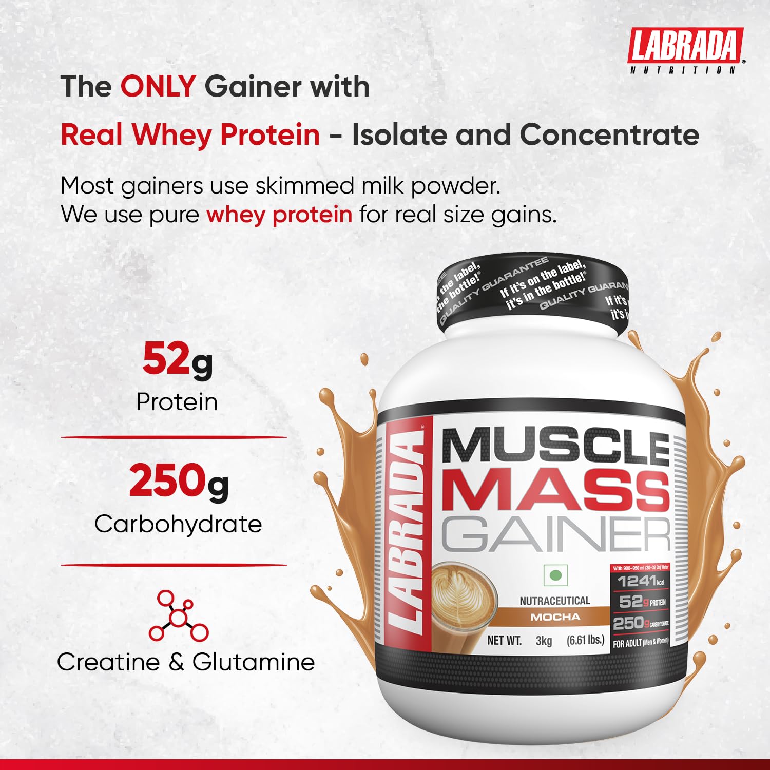 Labrada Muscle Mass Gainer | 52g Protein, 250g Carbs, 1g Creatine per Serving |Weight Gainer Powder, 3 kg Mocha — Amazon image 2