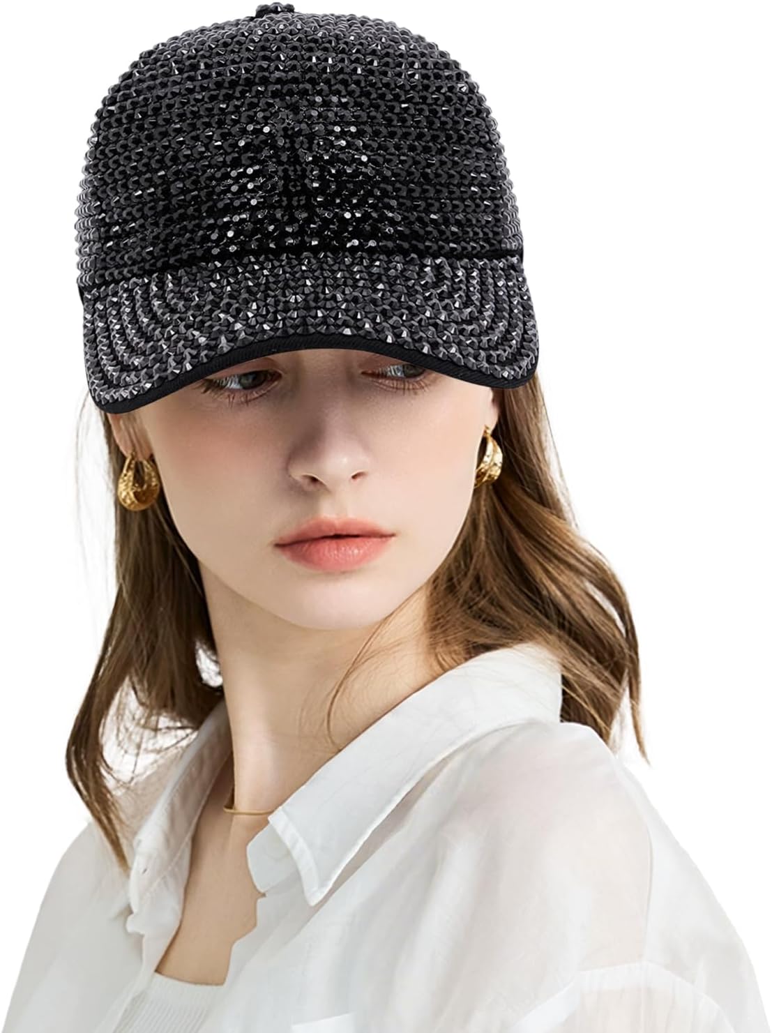 Haoohu Women's Full Sparkle Studded Rhinestone Baseball Cap Gem Bling Ponycap Adjustable Trucker Hat Outdoors Sun Cap