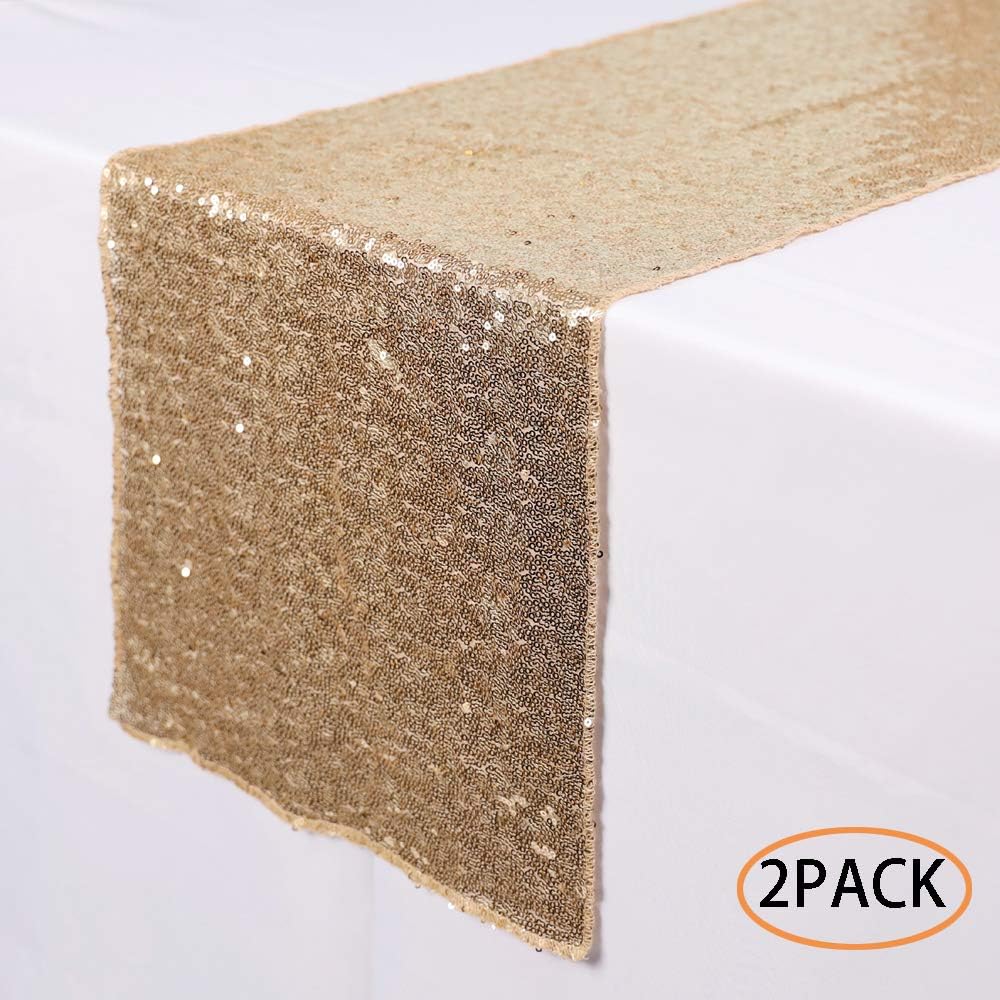 N&Y HOME 2 Pack Champagne Gold Sequin Table Runners 12x72 inch, Glitter Sequin Runner for Wedding, Birthday, Party, Baby Shower Decorations, Celebrations and Events