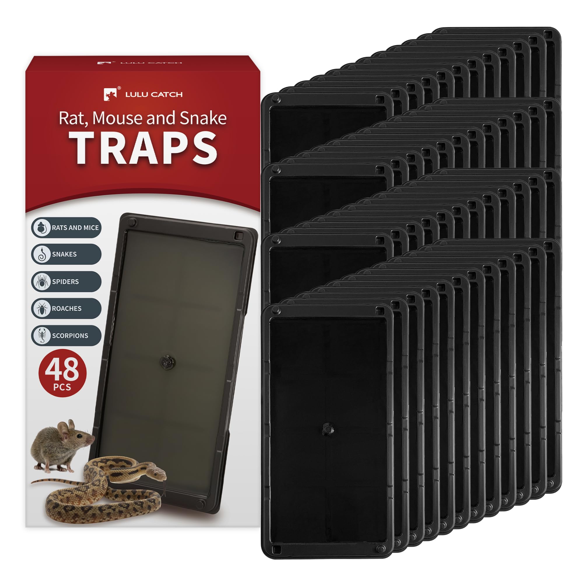 LULUCATCH Sticky Mouse Trap, 48 Pack Large Glue Traps, Pre-Baited Heavy Duty Non-Toxic Bulk Glue Boards Mouse Traps Indoor for Mice, Snakes, Rat, Insects, Cockroaches &amp; Spiders, Pet Safe Easy to Use