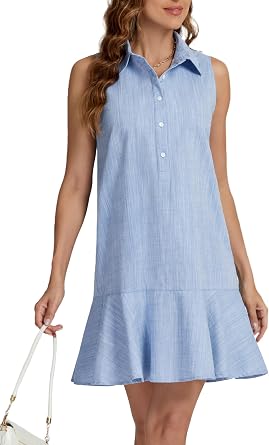 Kedera Womens Tunic Shirt Mini Dress Cotton Linen Shirt Dress Button Up Ruffle Hem Shift Dresses