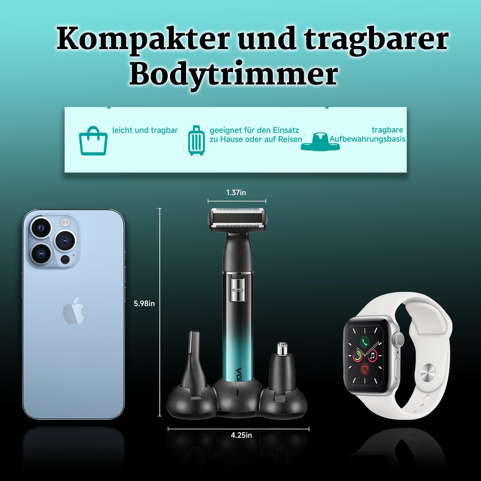 VGR 628 3 in 1 Körperrasierer Herren, Kabelloser Intimrasierer Mann, Nasenhaartrimmer Herren und Body Groomer Men mit Basis, Geeignet für Brust, Beine, Achselhöhlen, Nase und Gesicht, IPX5, Grün