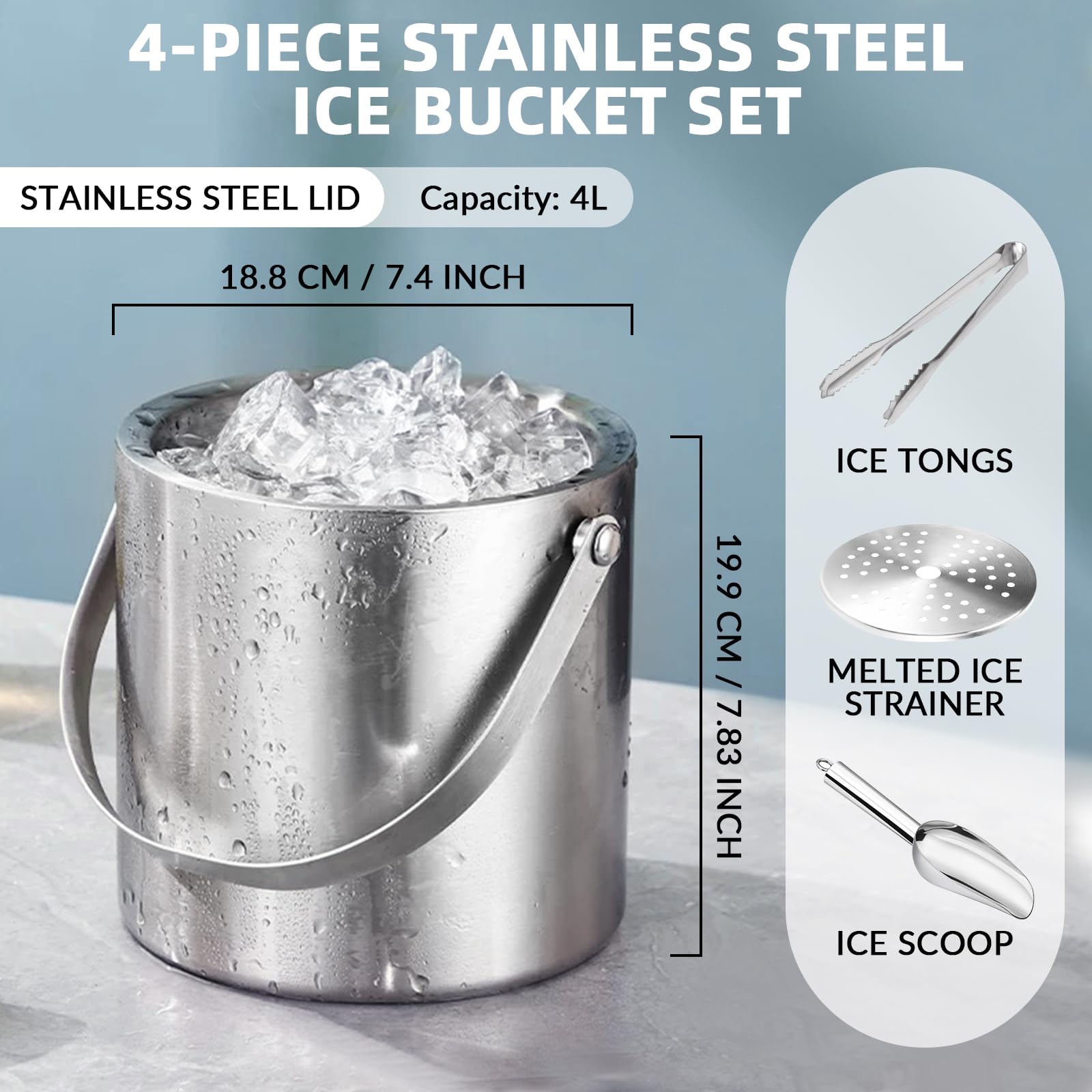 Cubitera de 4L con Tapa, Set de Cubo de Hielo de Acero Inoxidable de Doble Pared con Colador, Pinzas para Hielo, Pala para Hielo, Molde de Cubitos de Silicona, Enfriador de Champán y Vino para Cerveza