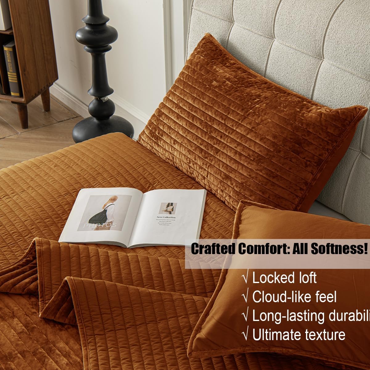 Velvet Oversized King Size Quilt Set 120x128 Soft Striped Bed Cover Set All Seasons Cozy Breathable Bedspread Includes 2 Pillowcases 20×36,Caramel