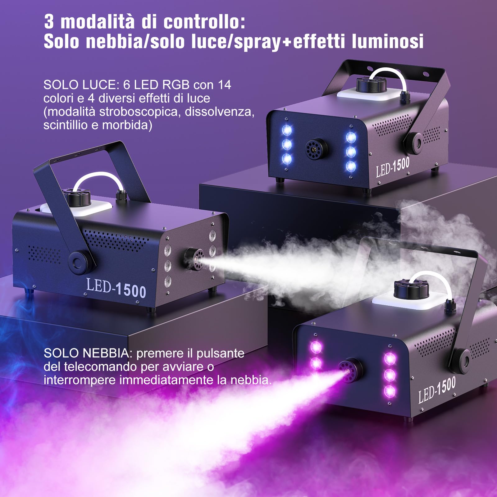 UKing 1500W Macchina del Fumo con 6 RGB LED,Macchina Della Nebbia con Telecomando e 1L Serbatoio, volume di Nebbia Elevato, per Halloween, Natale e Matrimoni