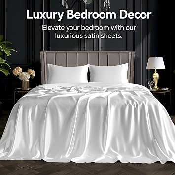 BEDELITE Satin Sheets Queen Size Bed Set, White, 4 Pieces