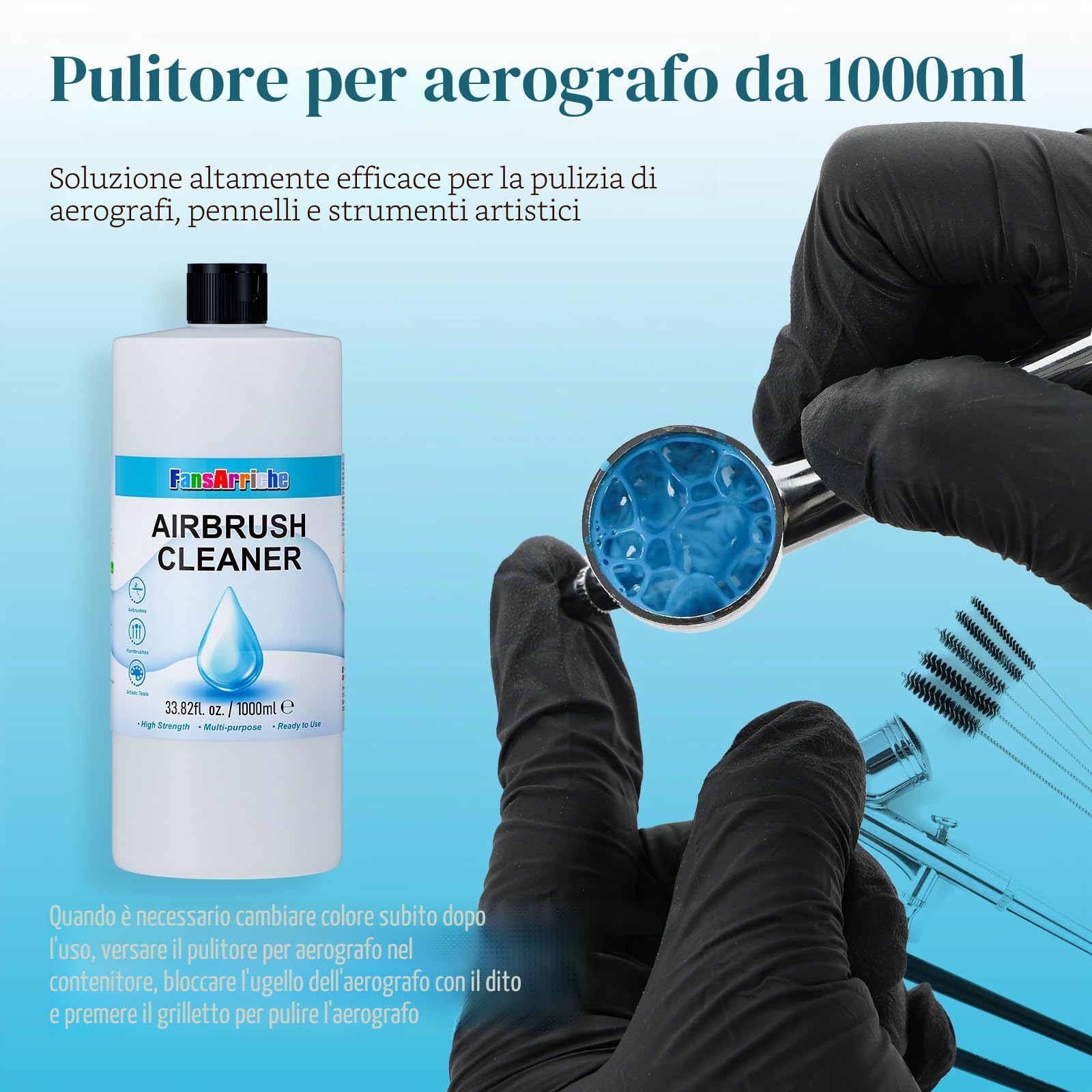 FansArriche Detergente per aerografo, flacone da 1000 ml, soluzione detergente multiuso ad azione rapida, ad alta resistenza, rimuove rapidamente vernice acrilica a base d'acqua, acquerello