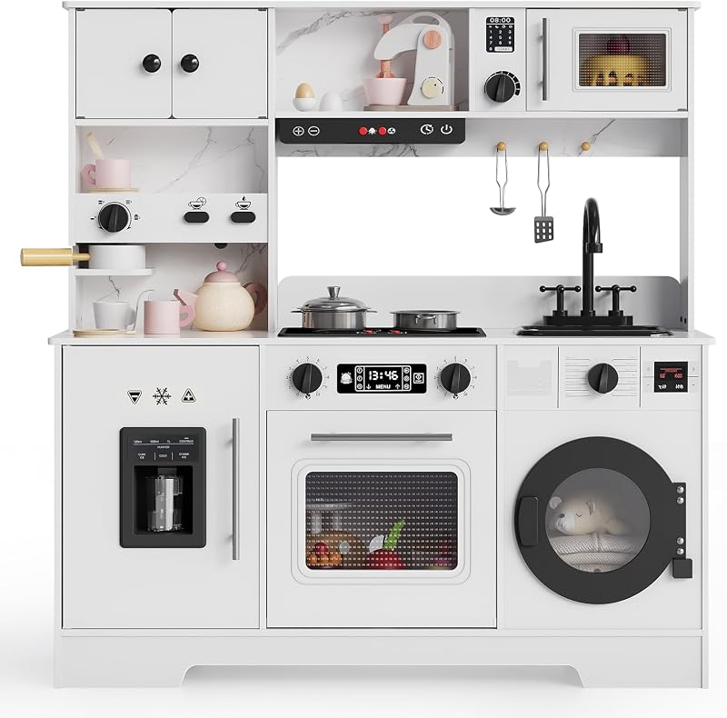 Cocina de juegos para niños, juego de cocina de madera con áreas de juego completas, juego de cocina simulada con fregadero, estufa, microondas, estación de café de juguete y almacenamiento para niños mayores de 3años