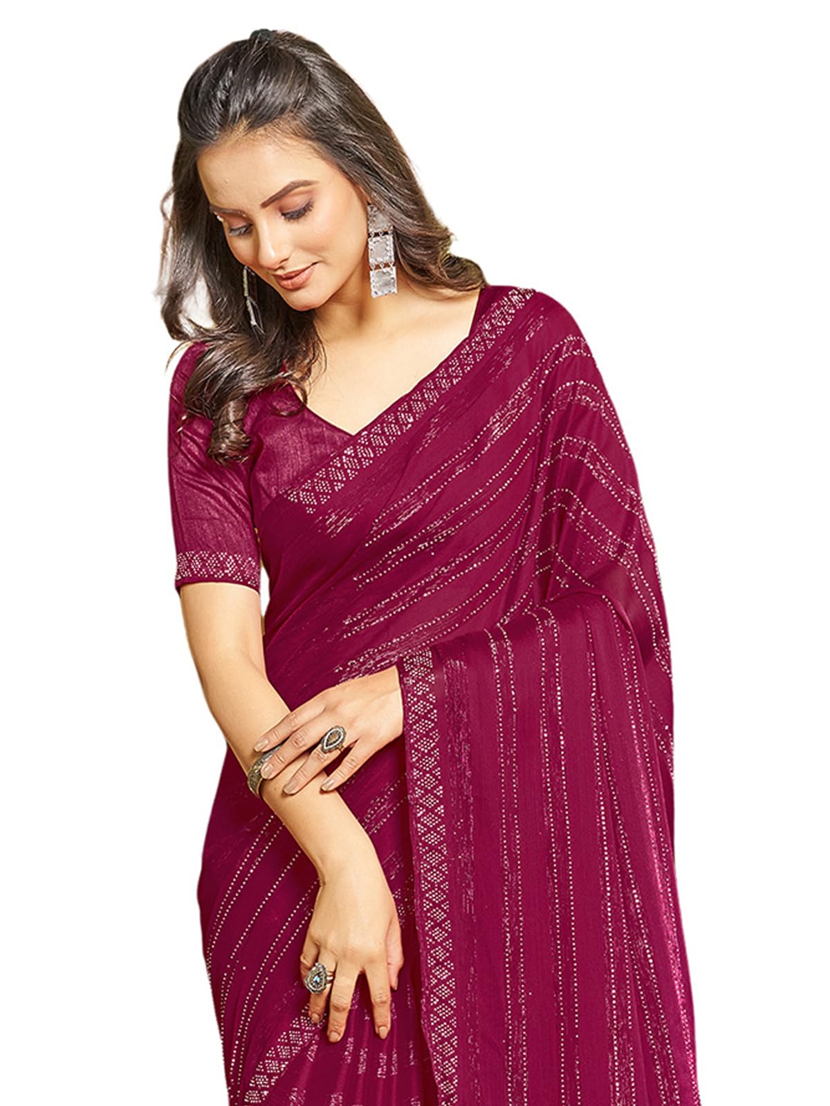 SatraniWomen's Chiffon Dyed & Hot Fixing & Zari Saree with Unstitched Blouse Piece