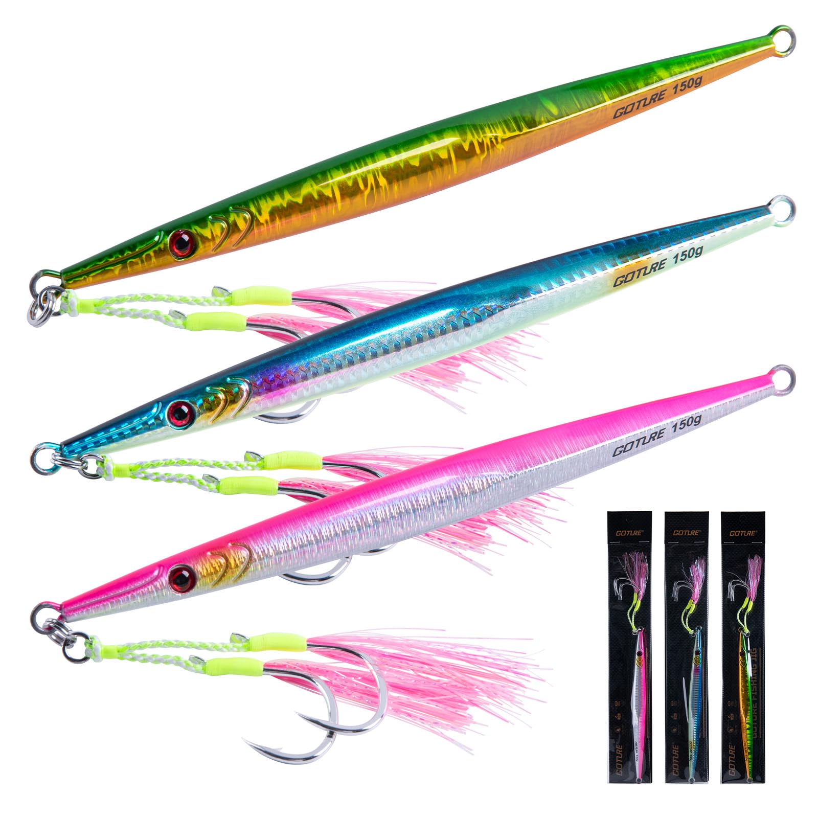 Goture Fishing Jigs Saltwater, 300g Vertical Jigs with Colored Assist Hooks, 3 Pcs Speed Fast Jig Lures, Deep Sea Fishing Jigging Lures for Bass, Pollack, Cod, Mackerel