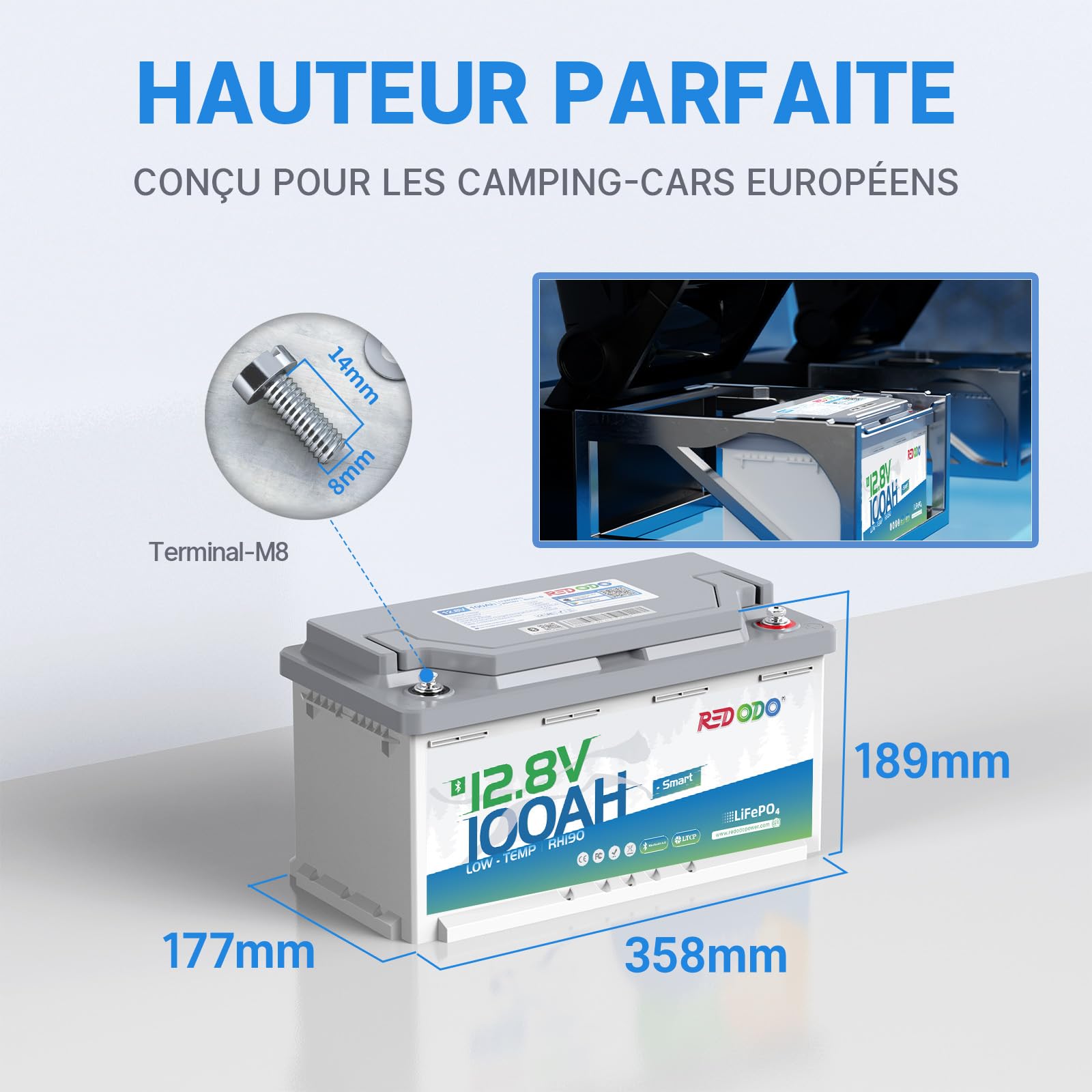 Redodo 12V 100Ah H190 Batterie LiFePO4 avec Bluetooth 1280Wh Batterie Lithium Protection Contre Basses Températures Hauteur 188mm Parfaite pour Camping-Car/Bateaux
