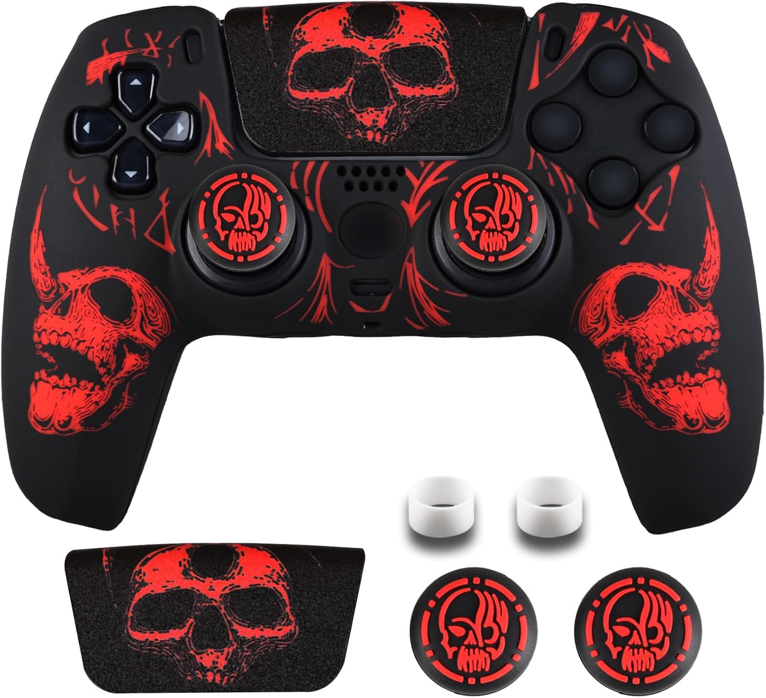YoRHa Sculpture au Laser Silicone Peau Coques Skin pour Manette PS5 Dualsense x 1 (Rouge) avec Pro Thumb Grips Prises de Pouce x 8