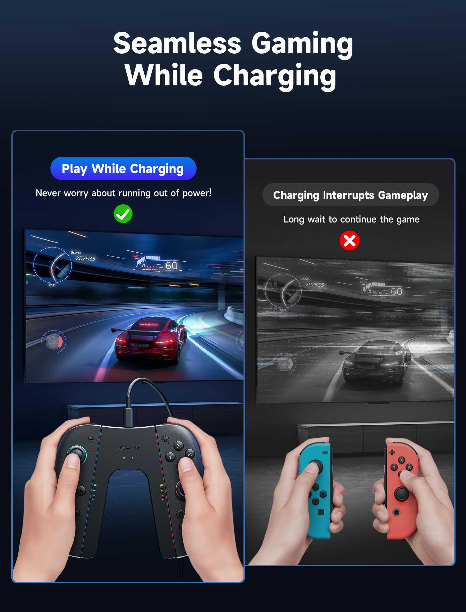 JSAUX Agarre de Carga para Switch 2, Controlador con Agarre Magnético Compatible con JoyCon de Switch 2, Juega Mientras Cargas con Indicador LED y Cable de Carga de 1.5m/4.9ft - Negro