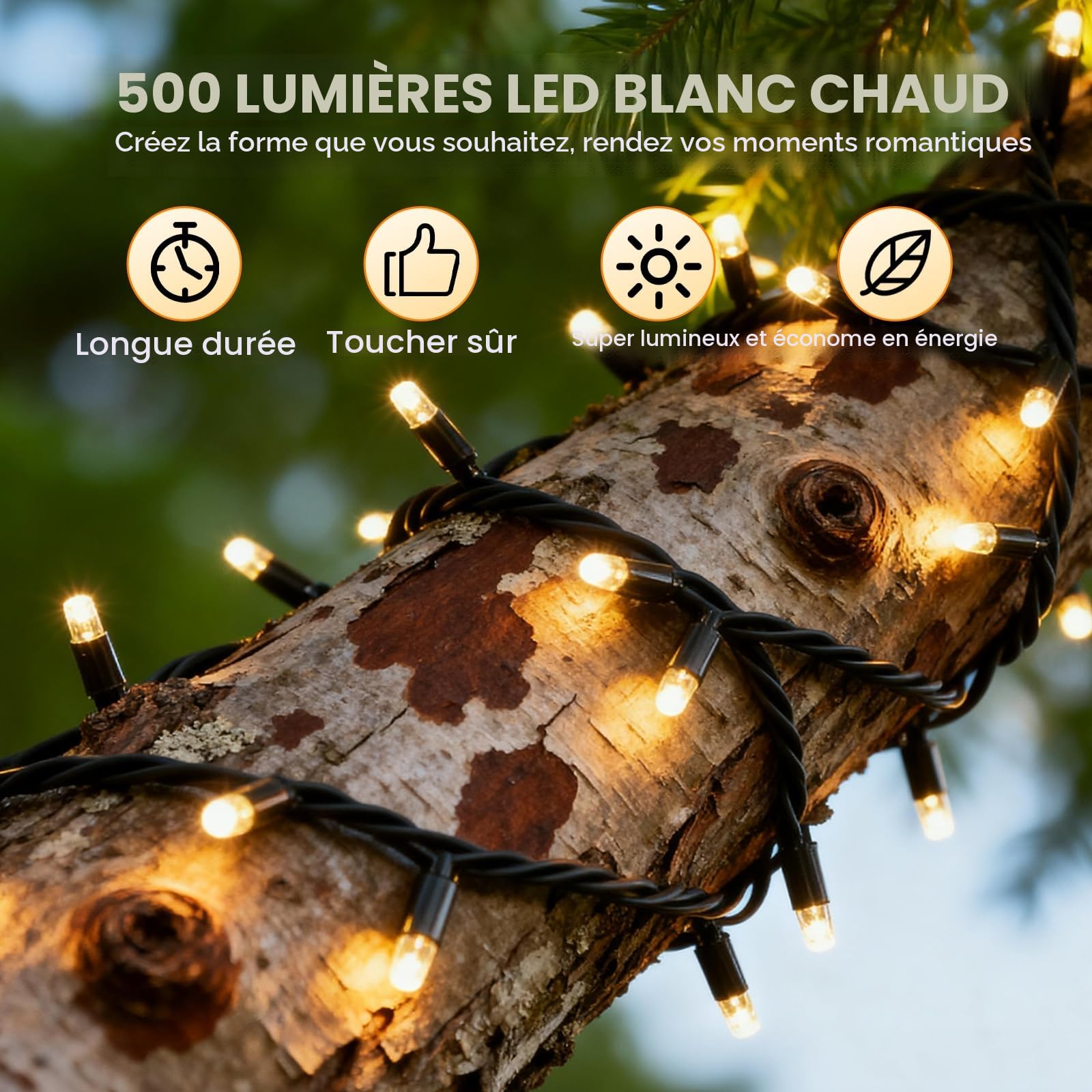 Guirlande Lumineuse Exterieure, 55M 500LED 8 Modes,Guirlande Lumineuse Sapin de Noel avec Prise,Étanche IP44,pour Intérieur Extérieur Fête Chambre Mariage Balcon Mur Noel [Blanc Chaud]