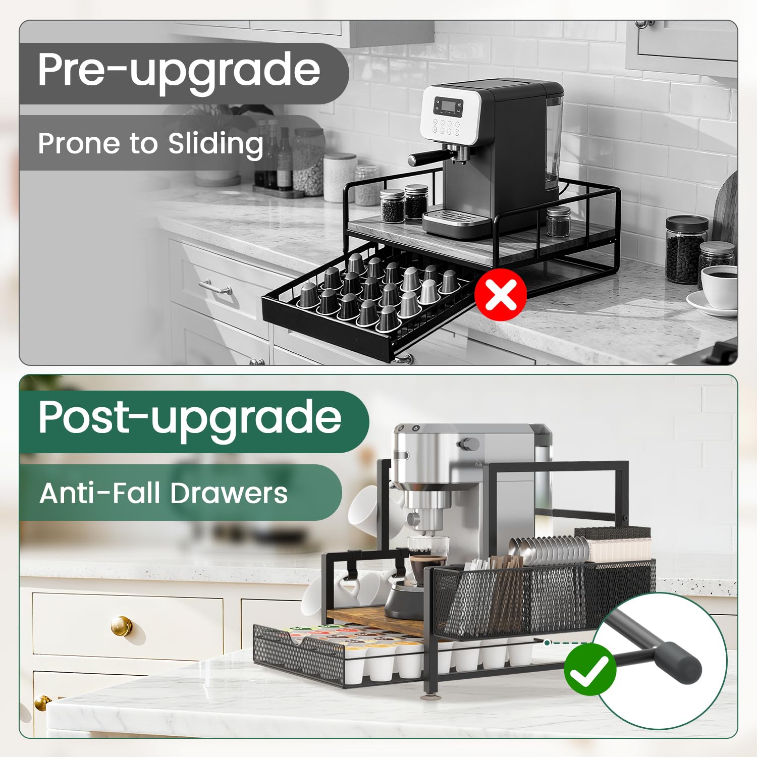 EsLuker.ly Organizer per stazioni da bar con cassetto per tazze K, con 7 ganci per tazze, per piano di lavoro, supporto per macchina da caffè in legno, per casa e ufficio, salvaspazio, per gli amanti