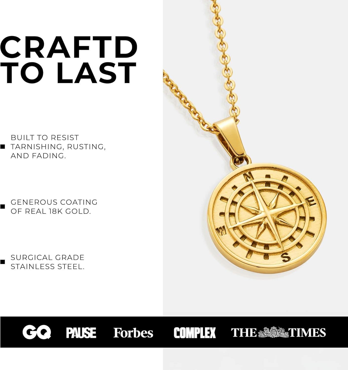 CRAFTD - Compass Pendant Necklace - 20.5" Chain Link with 20MM x 20MM Pendant - Waterproof, Heat & Sweat Resistant - Gifts for Men - Men's Jewelry - Image 4