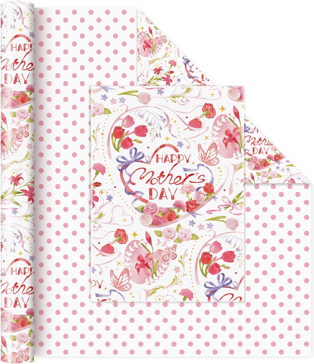 WERNNSAI Pink Flower Wrapping Paper Roll - 1 Roll 17”x 33 ft Mothers Day Gift Wrapping Paper Pink Floral Gift Wrap Happy Festival with Polka Dot for Women Mom Warm Blessing Supply