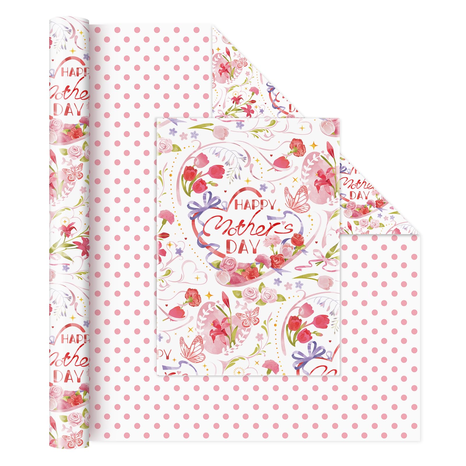 WERNNSAI Pink Flower Wrapping Paper Roll - 1 Roll 17”x 33 ft Mothers Day Gift Wrapping Paper Pink Floral Gift Wrap Happy Festival with Polka Dot for Women Mom Warm Blessing Supply