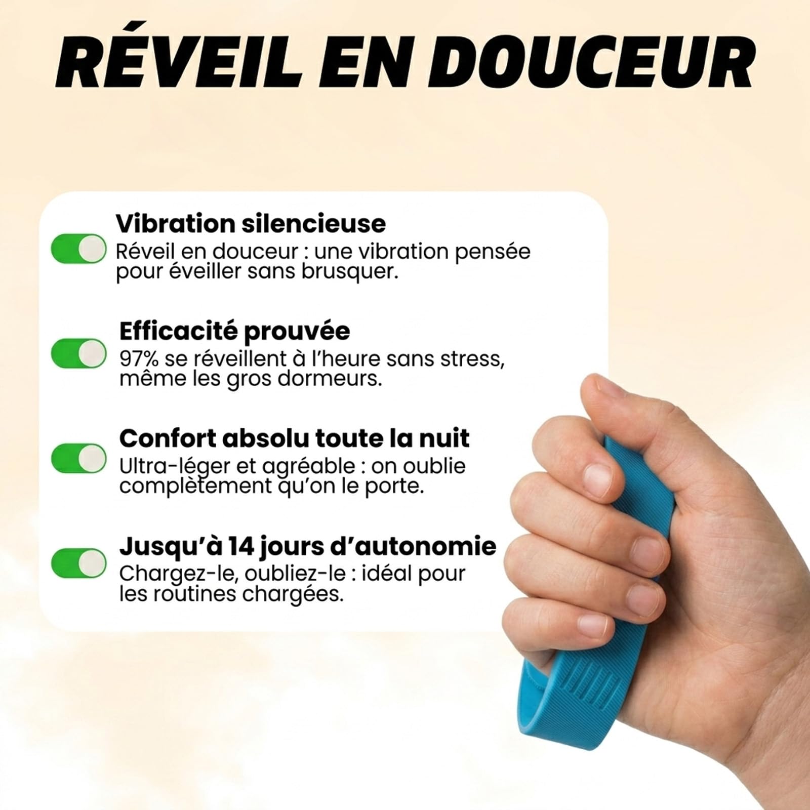Reiteag Taqavibe Bracelet Reveil Enfant – Réveil Silencieux au Poignet, Autonomie Longue Durée, Confort Léger, Idéal pour Routine Matinale et Enfants Dormeurs Profonds