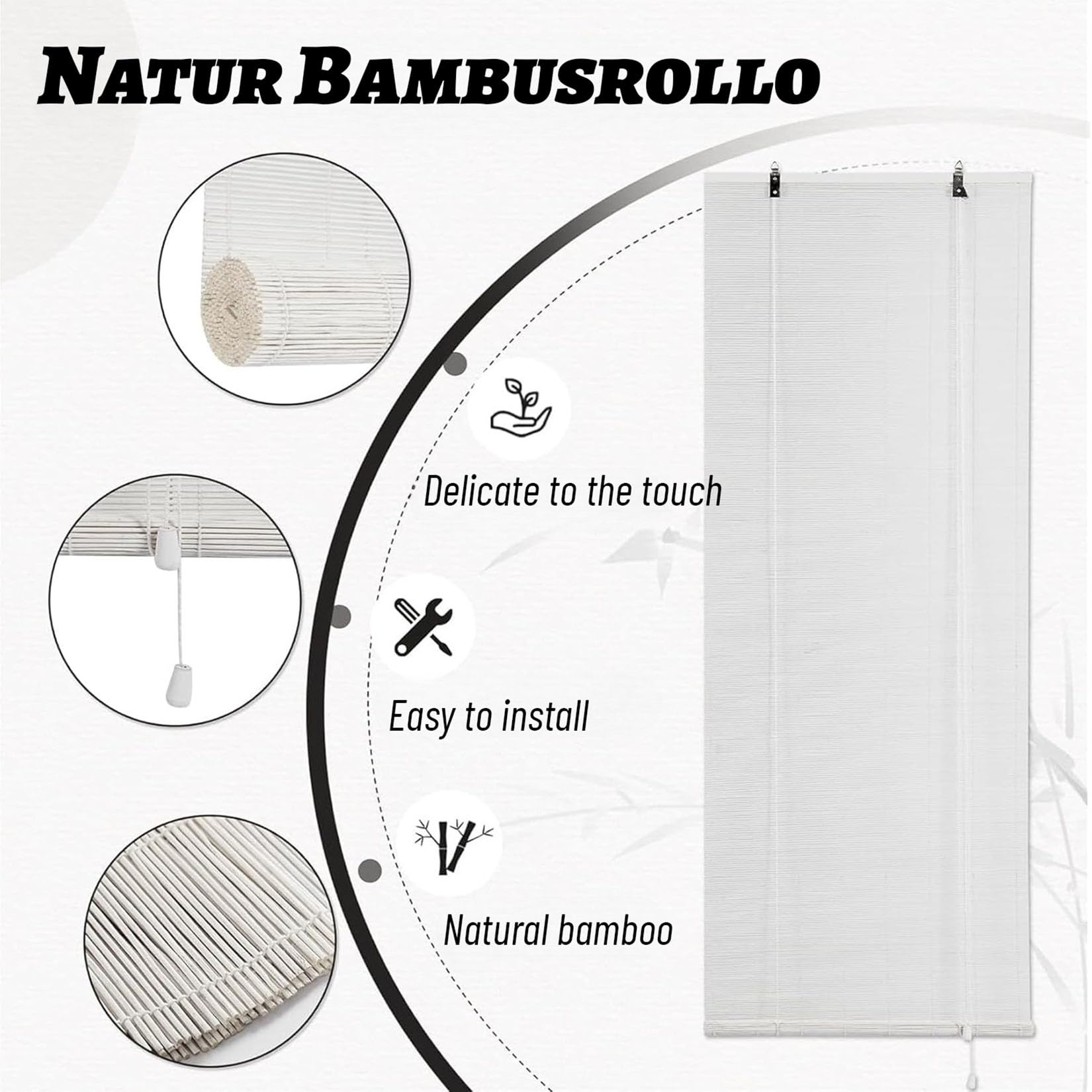 130X250cm Store Enrouleur Bambou Naturel Blanc Store Occultant Vue Occultant Tamisant Pare-Soleil,et Anti-UV Stores À Rouleaux Romains Protection Solaire,pour Chambre,Cuisine,Terrasse