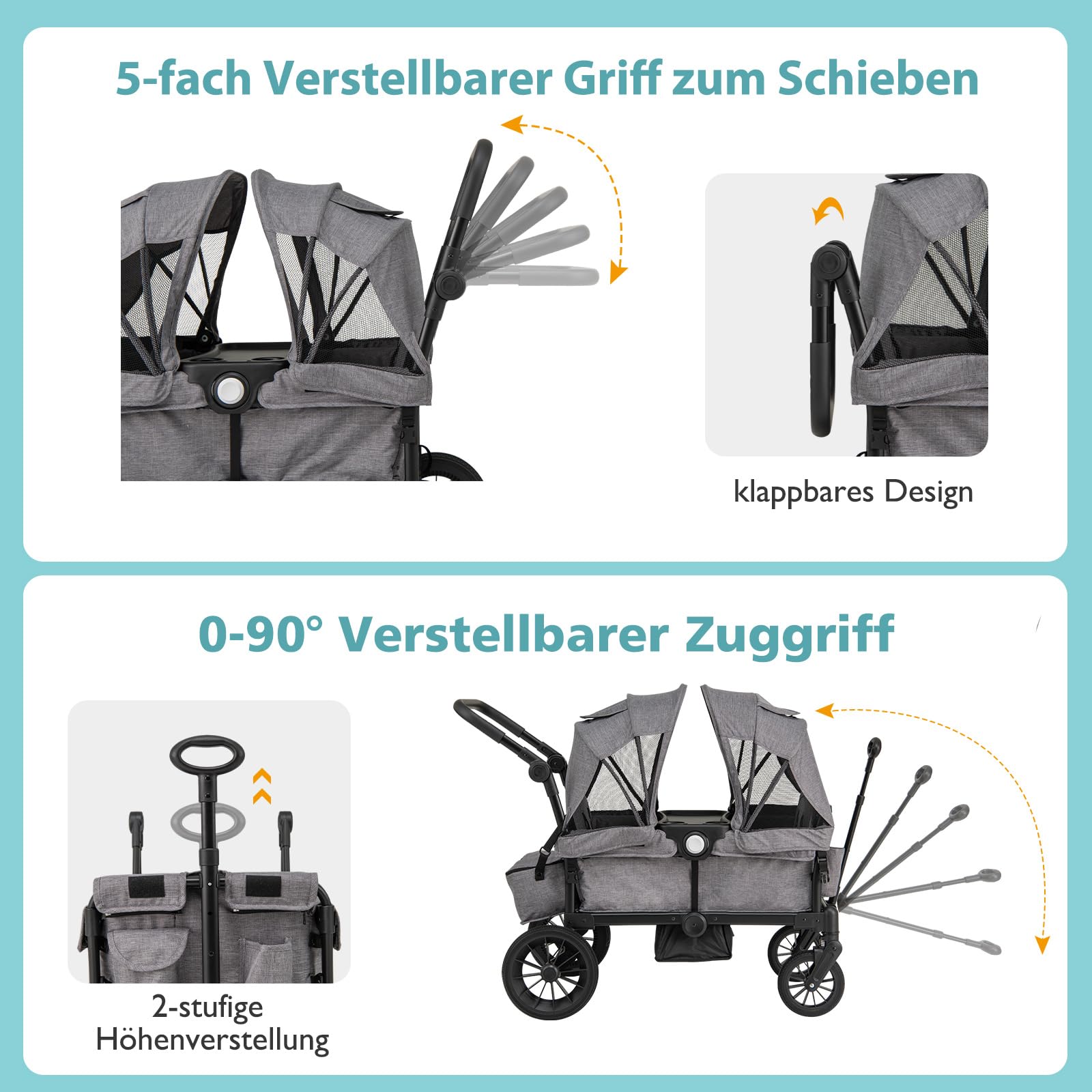COSTWAY 2 in 1 Geschwisterwagen klappbar Zwillingskinderwagen mit verstellbarem Griff & abnehmbarem Verdeck Zwillingsbuggy Grau