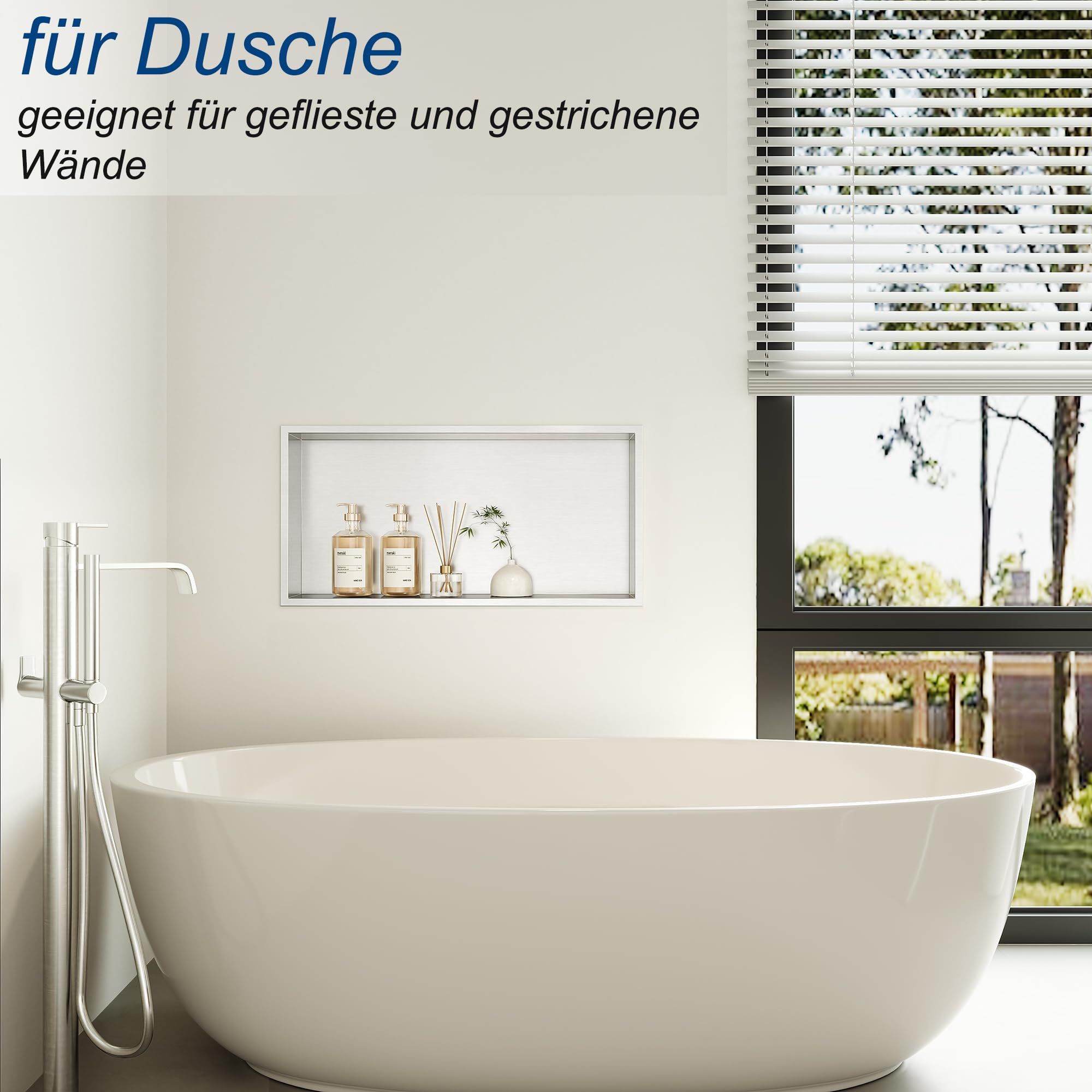 Qeke Duschnische, Eingebaute Badablage mit Rahmen, 60cm, Nickel | 304 Edelstahl, rostbeständig, wasserdicht, leicht zu reinigen, mehrere Größen, ideal zur Duschaufbewahrung