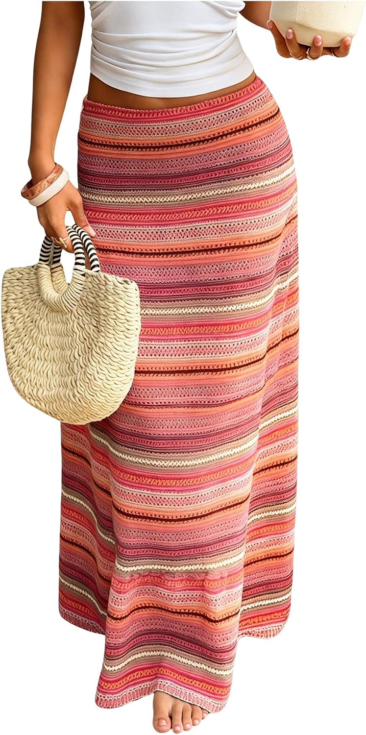SOLY HUX Women's Striped Crochet Maxi Skirt Knit Boho Summer Long Skirts