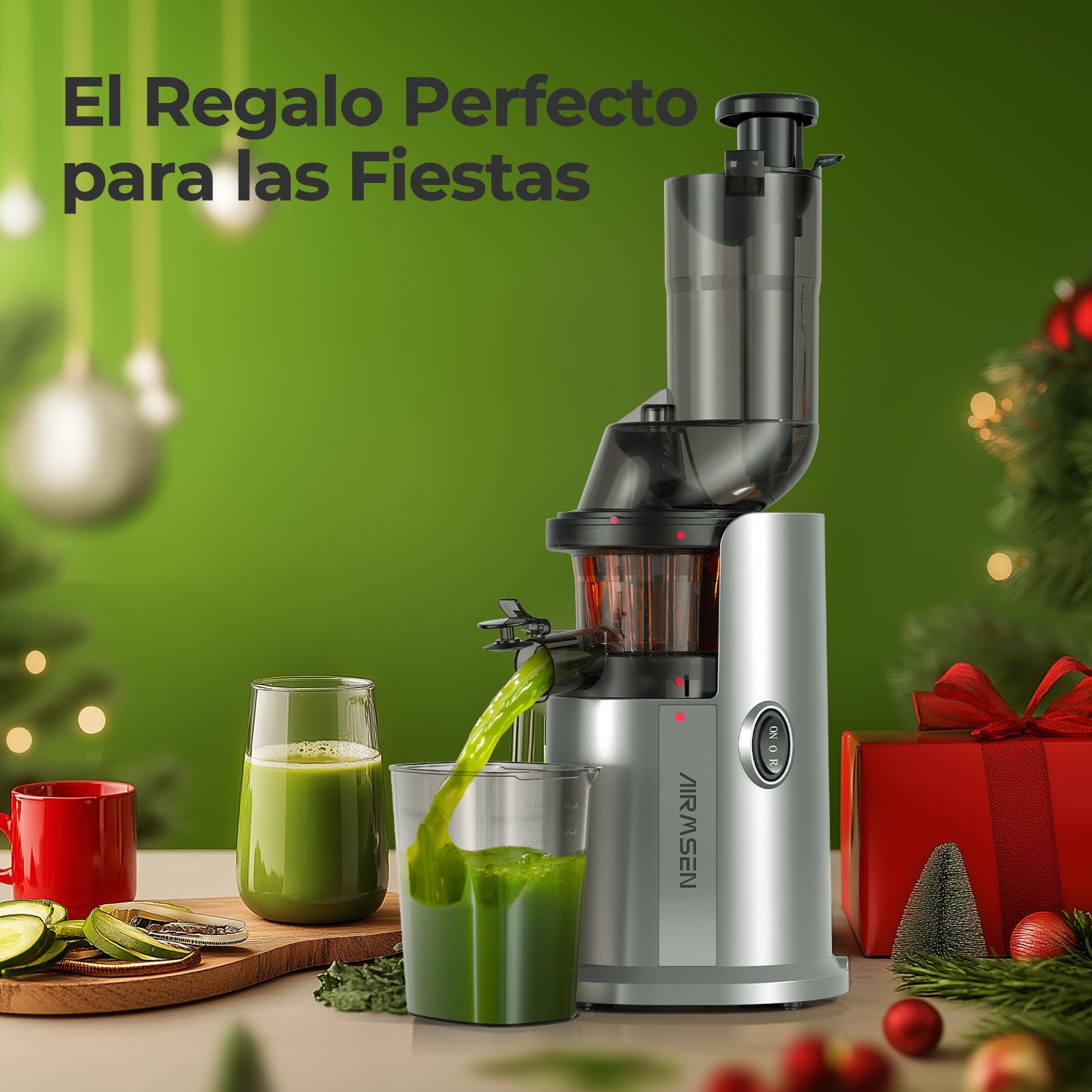 AIRMSEN Extractor de Zumos y Verduras, 82MM Apertura Extractor de Jugo para Verduras y Frutas Enteras, Licuadora Prensado en Frío Slow Juicer Sin BPA, Fácil de Instalar, 150W (Plata)