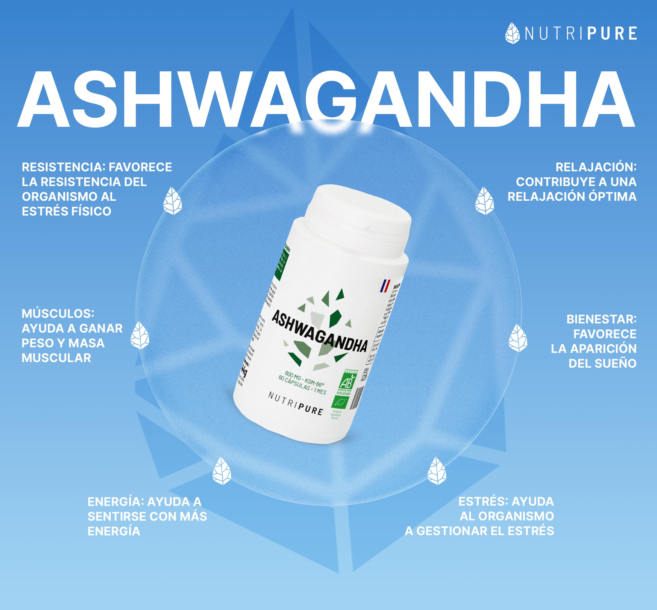 Nutripure | Ashwagandha Bio KSM66® | Planta Adaptógena del Ayurveda | Vegano | Complemento Alimentario Bienestar Intelectual y Físico | Estrés, Ansiedad | 60 Cápsulas | 1 Mes | Fabricado en Francia