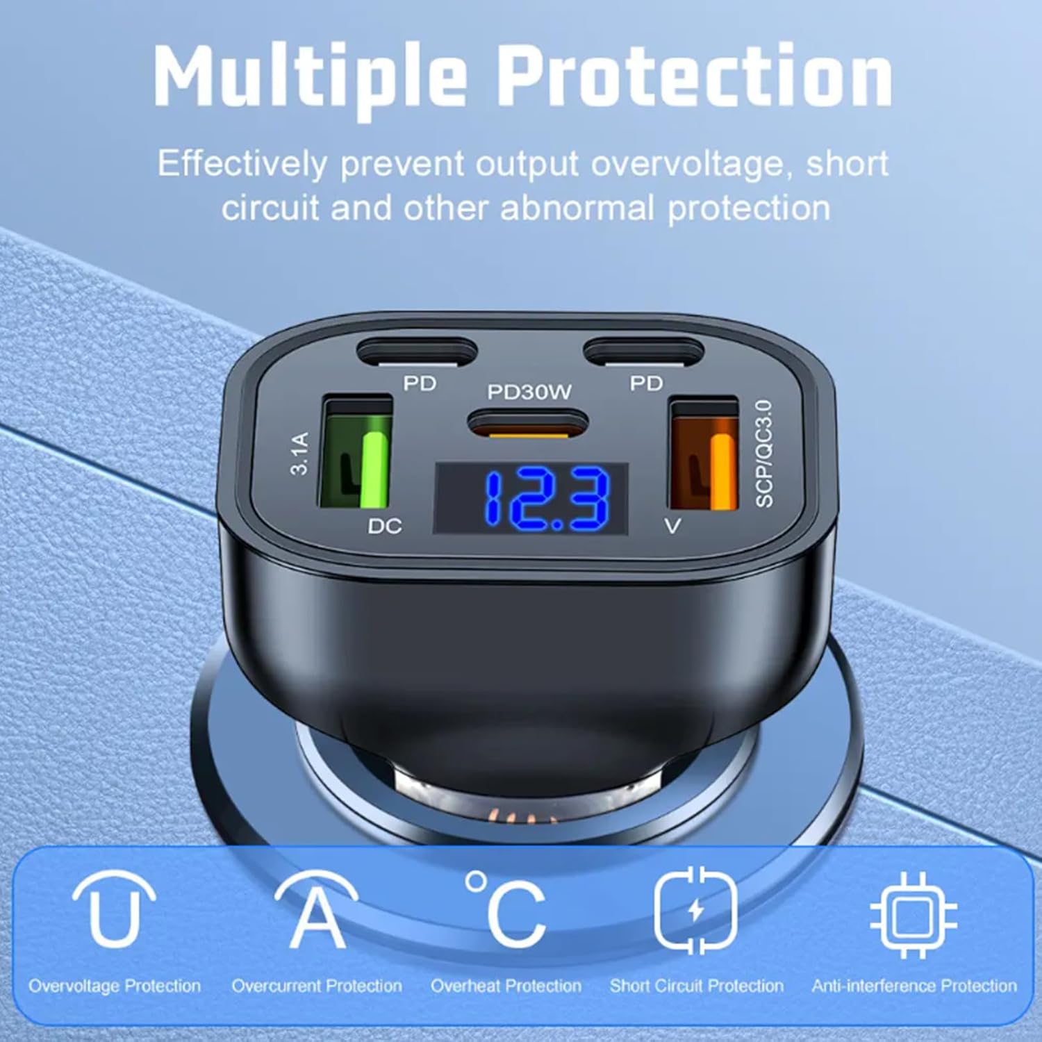 Full PD 30W Multi Port USB C Car Charger Adapter 5 in 1 with Voltage Display, PD4.0/QC4.0/PPS/AFC Super Fast Charging Cigarette Lighter Adapter with Volt Meter for MacBook iPhone Galaxy Android Phones
