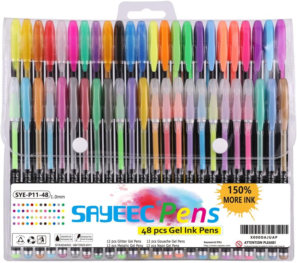 Marte Vanci Gel Ink Pens Gel Pen Set for Colouring 1.0mm Tip Glitter Metallic Neon Pastel Sparkly Pens for Adult Colouring Book Writing Journal Christmas Card 48 Pack