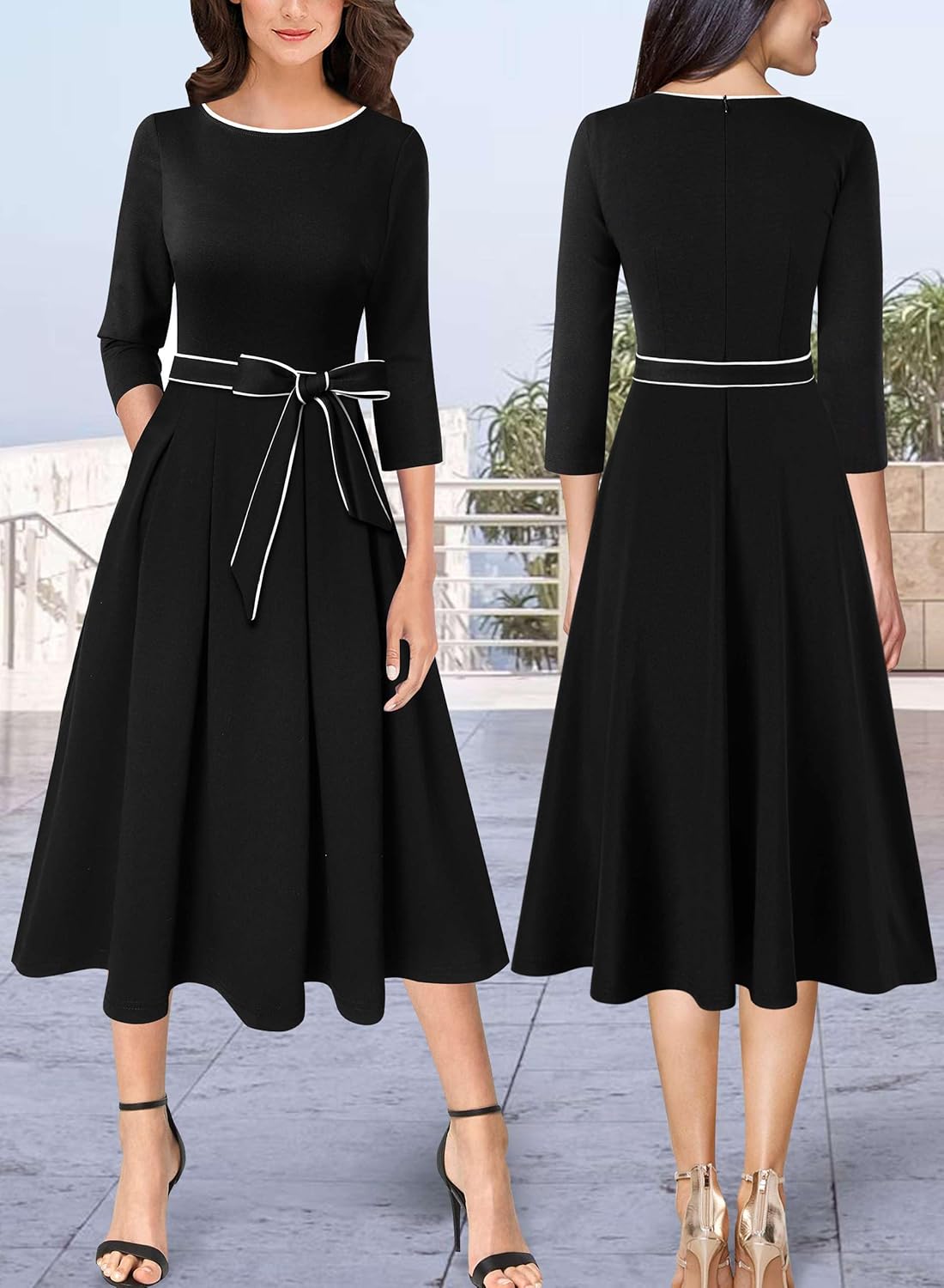 VFSHOW Womens Elegant Pockets Belted Work Business Office Casual Party Pleated A-Line Midi Dress - Image 2