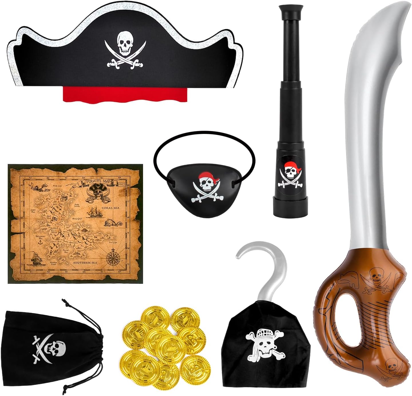 JOFONY 17pcs Pirate Accessories, Kids Pirate Costume Accessories Pirate Fancy Dress Costume Accessory Set Pirate Hat, Captain Hook for Halloween Fancy Dress Up Costume